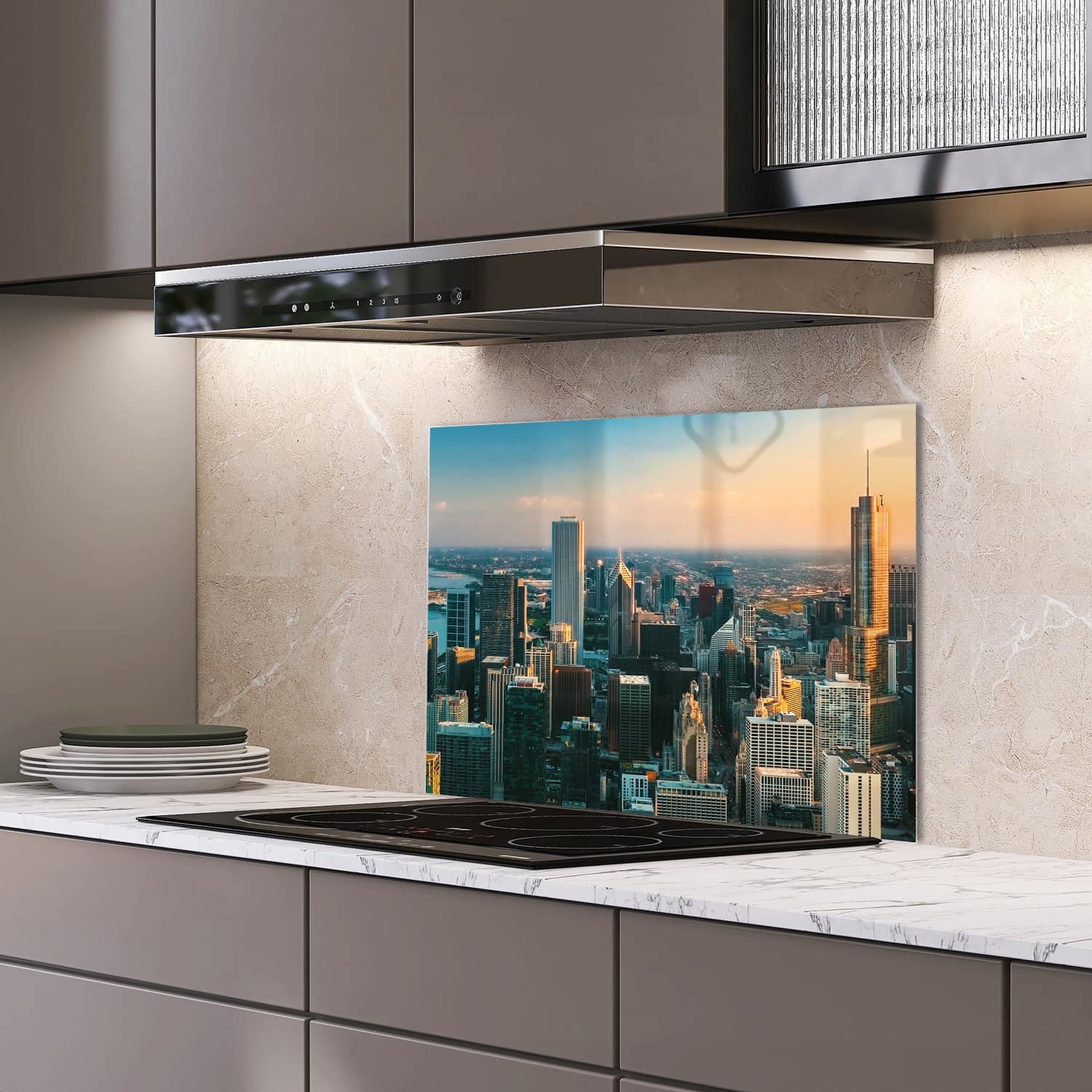 Eigen afmeting spatscherm-op-maat Keuken - Hittebestendig gehard glas - Chicago Skyline bij Zonsondergang
