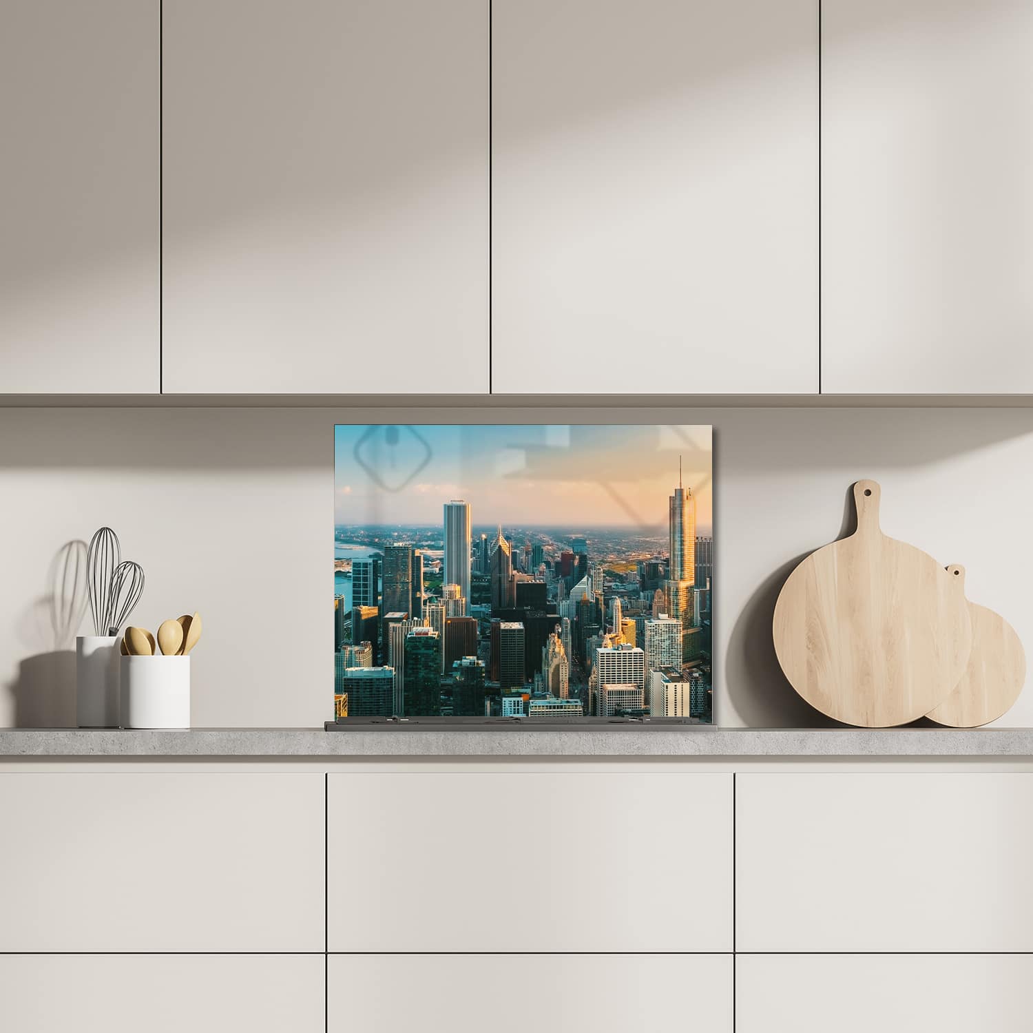 Eigen afmeting spatscherm-op-maat Keuken - Hittebestendig gehard glas - Chicago Skyline bij Zonsondergang