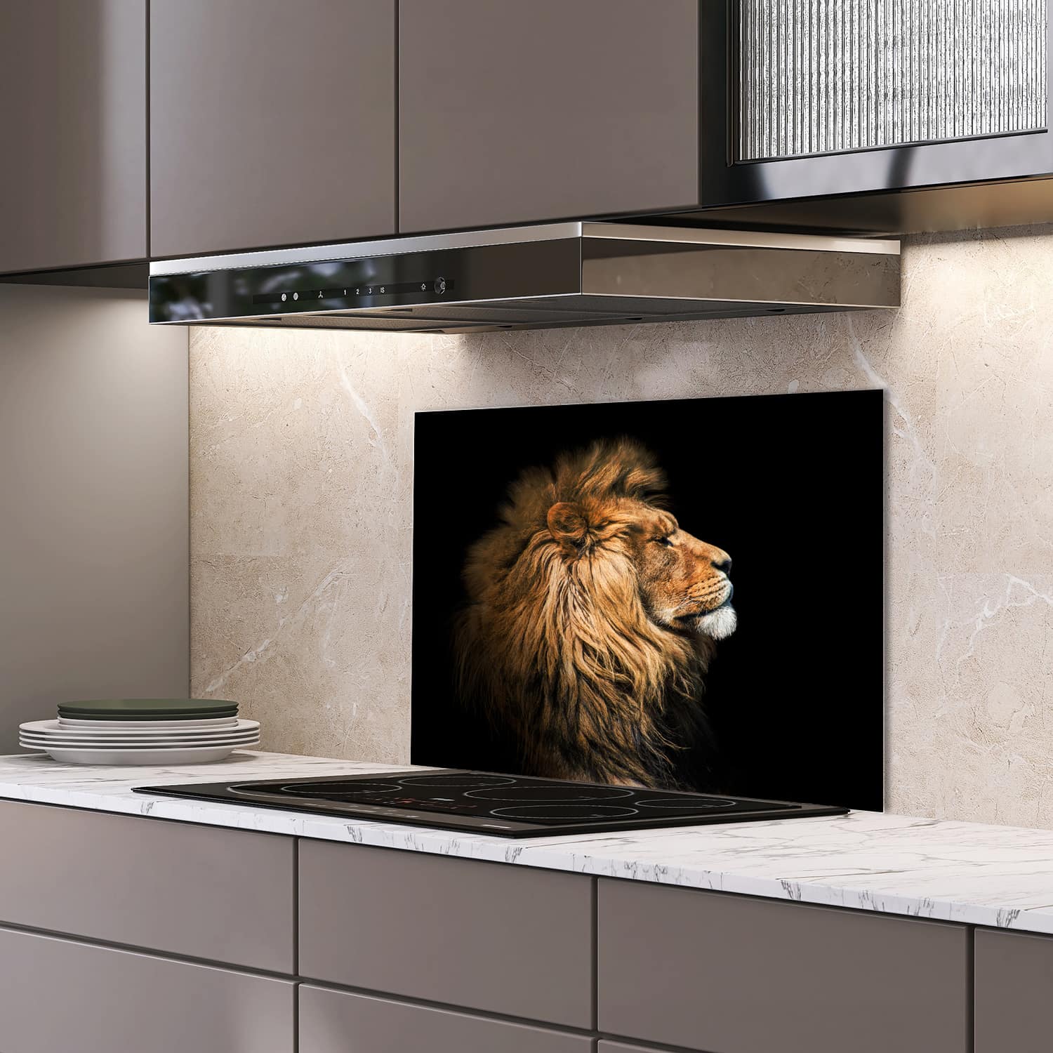 Eigen afmeting spatscherm-op-maat Keuken - Hittebestendig gehard glas - Leeuw van de Zijkant