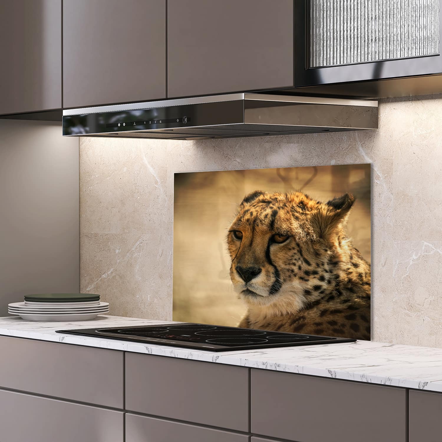 Eigen afmeting spatscherm-op-maat Keuken - Hittebestendig gehard glas - Cheetah Close-up