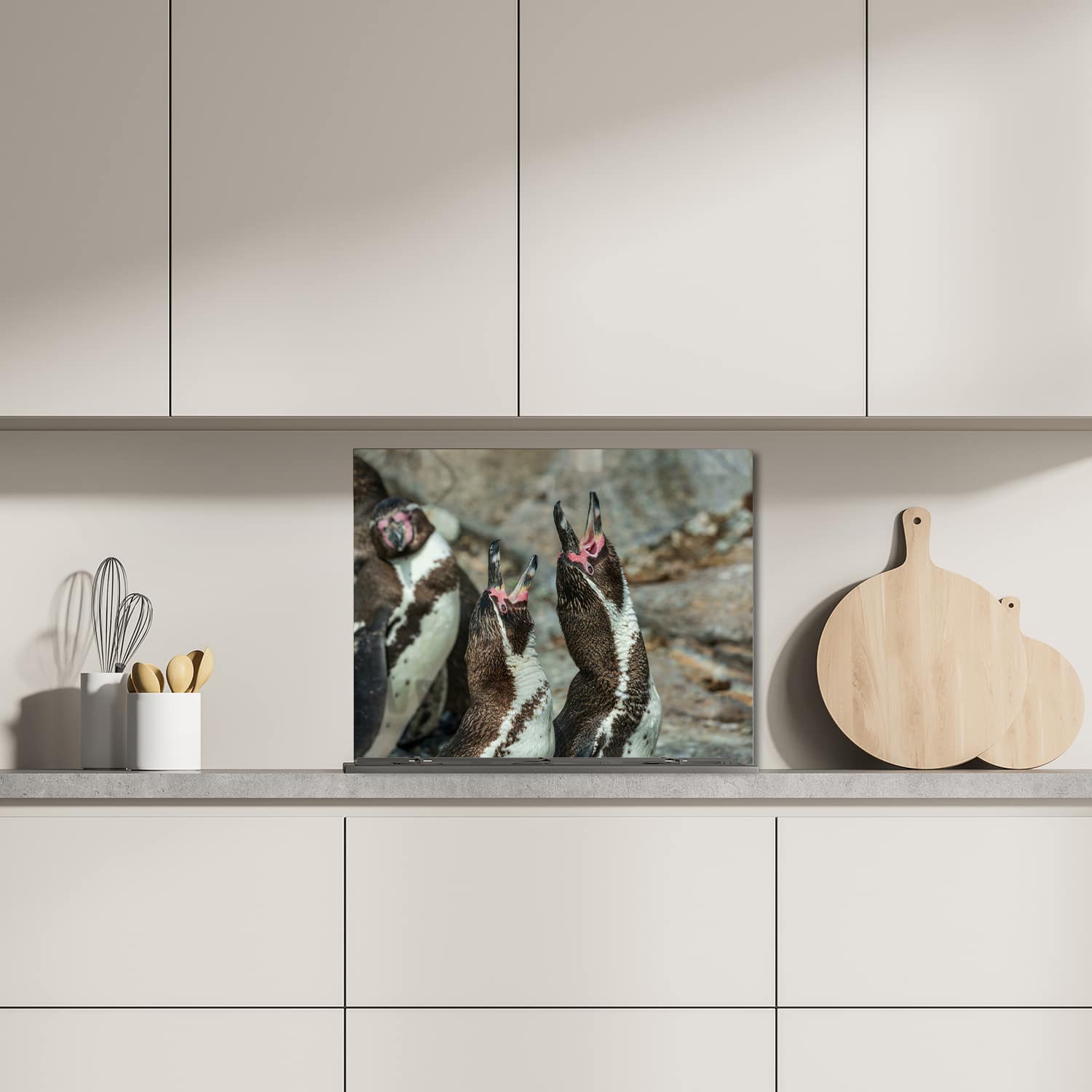 Eigen afmeting spatscherm-op-maat Keuken - Hittebestendig gehard glas - Vrolijke pinguns