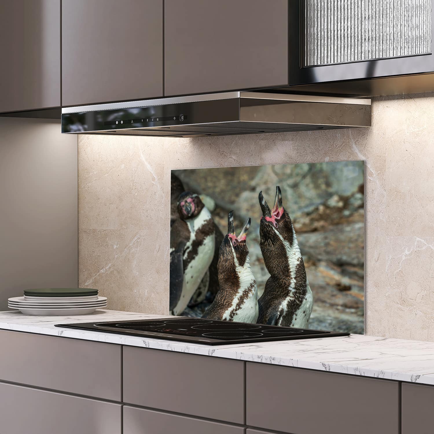 Eigen afmeting spatscherm-op-maat Keuken - Hittebestendig gehard glas - Vrolijke pinguns