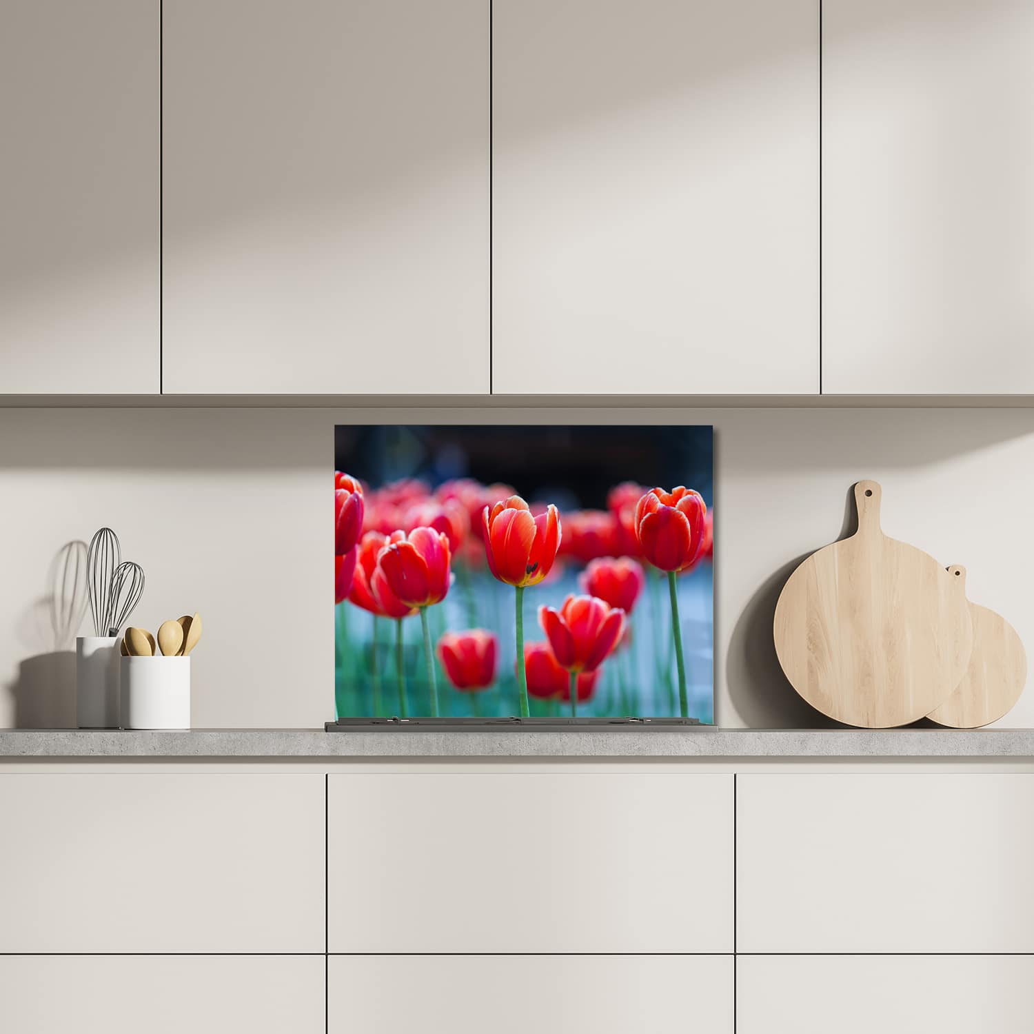 Eigen afmeting spatscherm-op-maat Keuken - Hittebestendig gehard glas - Rode Tulpen
