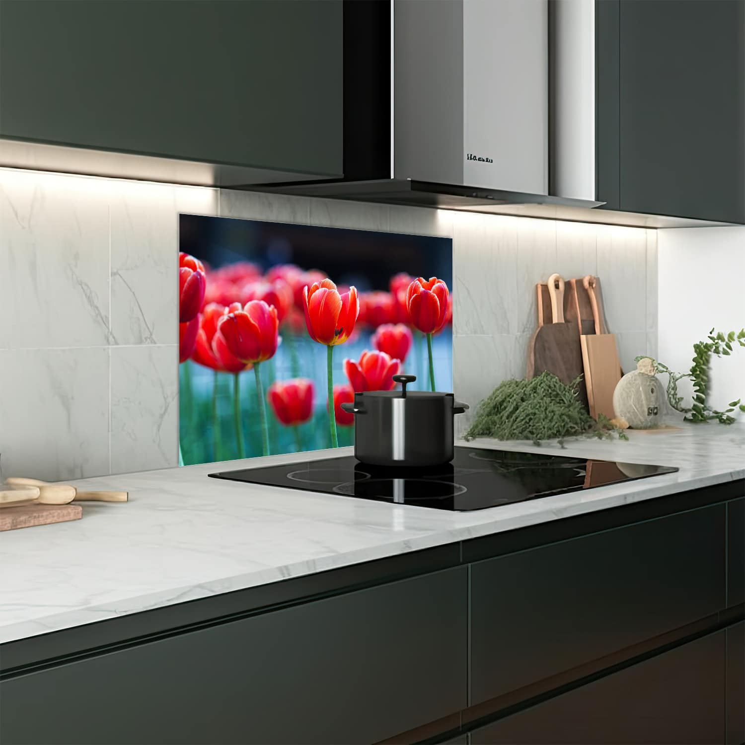 Eigen afmeting spatscherm-op-maat Keuken - Hittebestendig gehard glas - Rode Tulpen