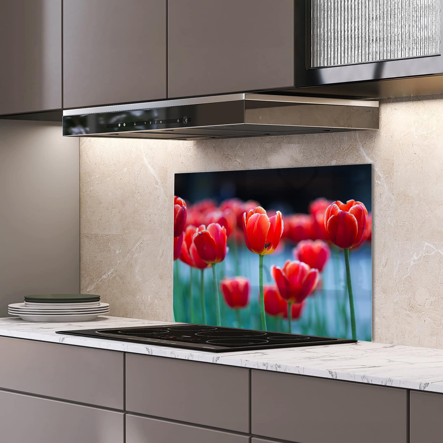 Eigen afmeting spatscherm-op-maat Keuken - Hittebestendig gehard glas - Rode Tulpen