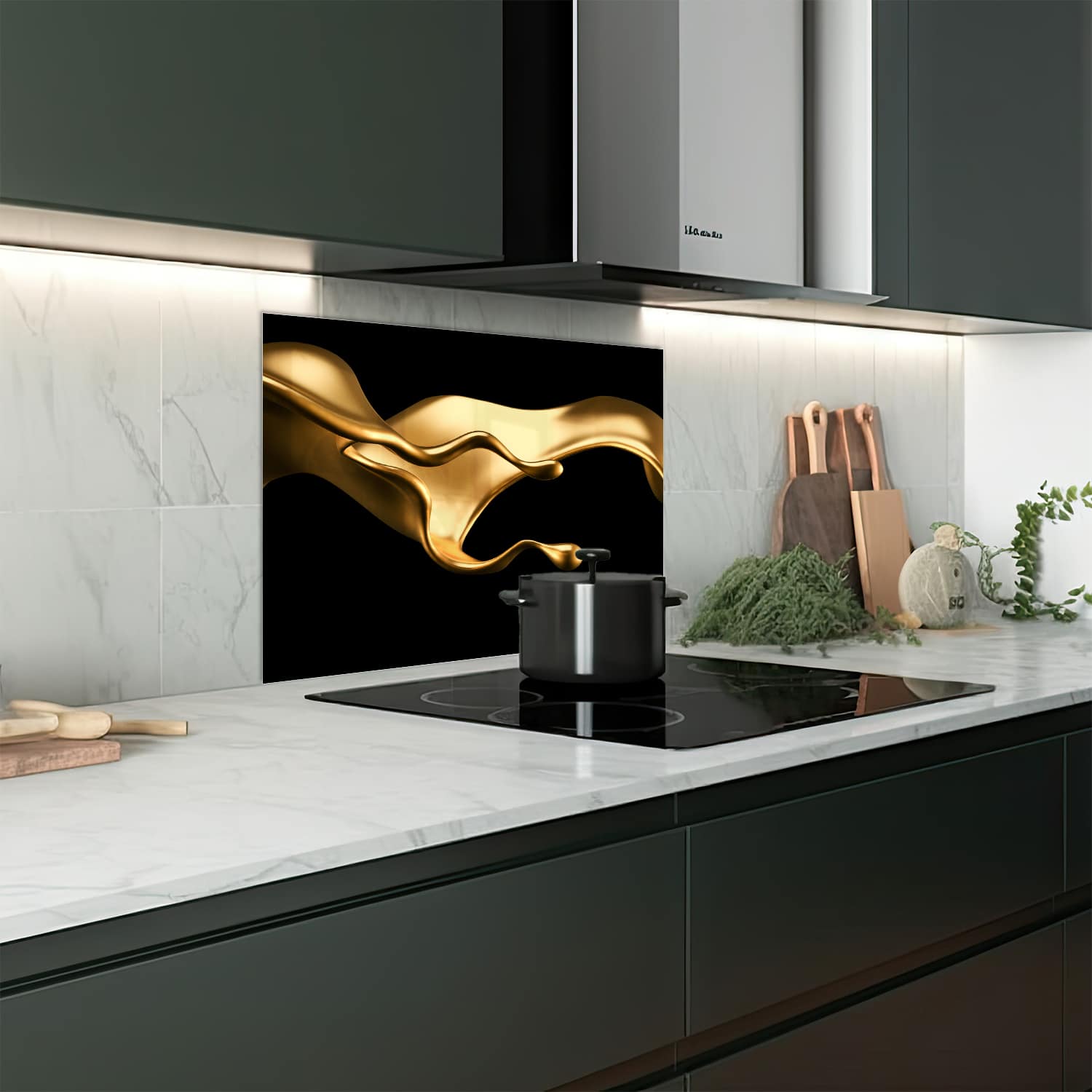 Eigen afmeting spatscherm-op-maat Keuken - Hittebestendig gehard glas - Elegante Gouden Vloeistof