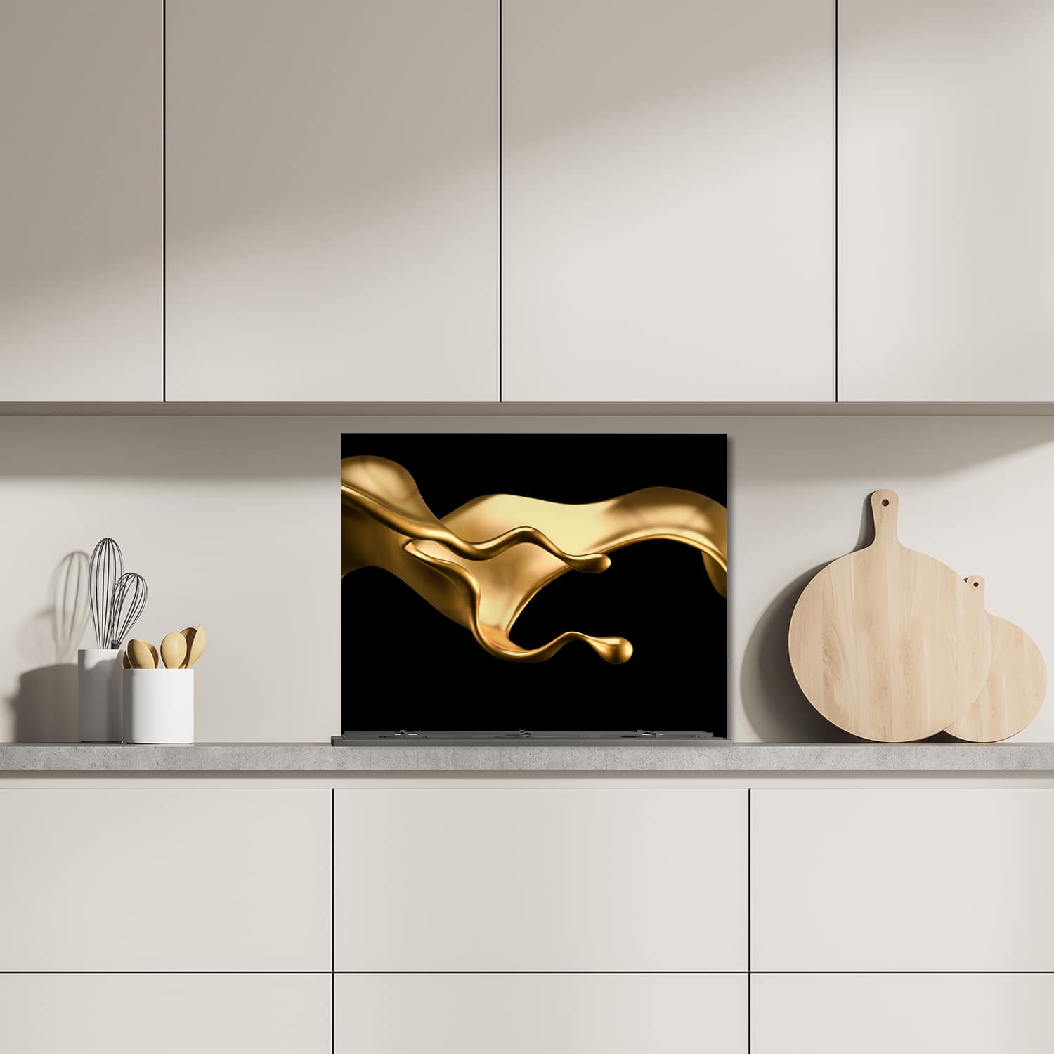 Eigen afmeting spatscherm-op-maat Keuken - Hittebestendig gehard glas - Elegante Gouden Vloeistof