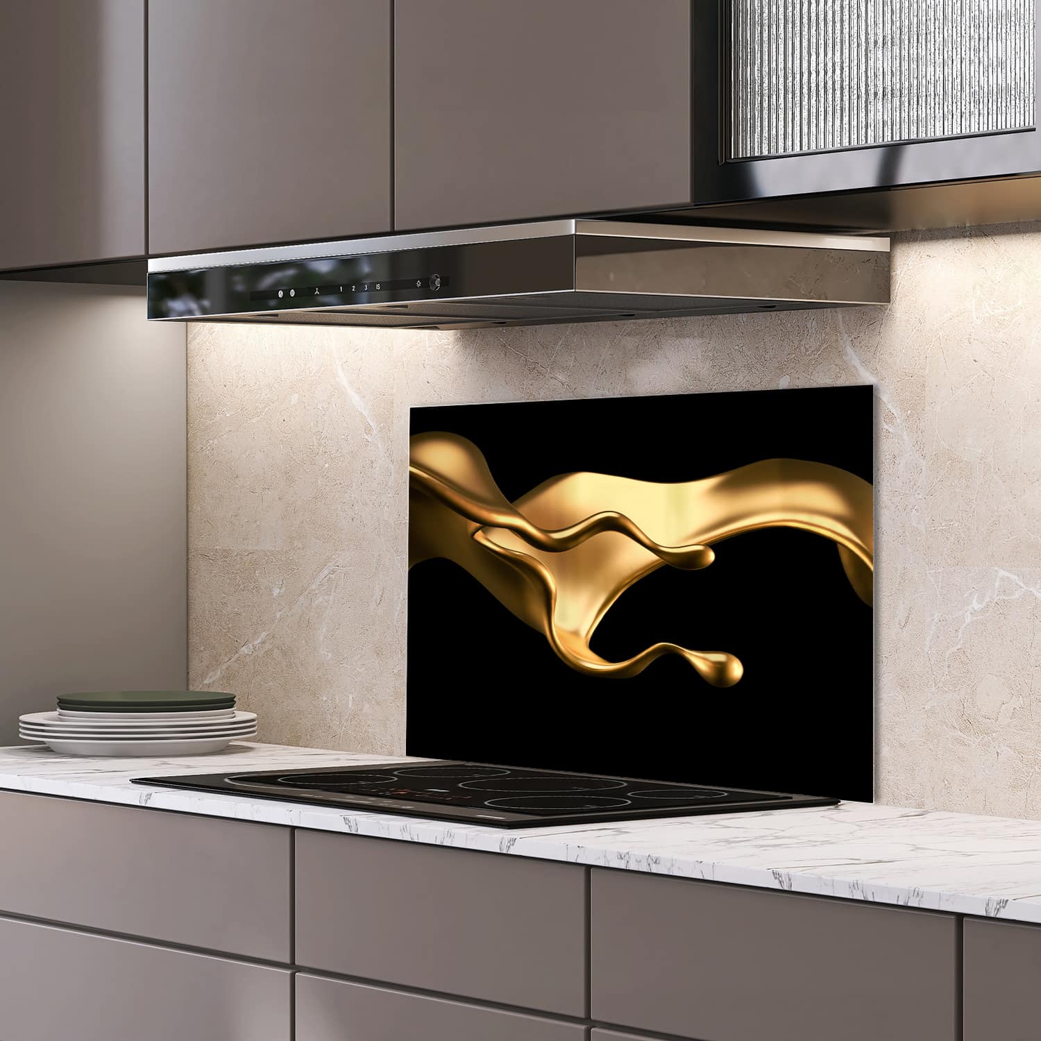 Eigen afmeting spatscherm-op-maat Keuken - Hittebestendig gehard glas - Elegante Gouden Vloeistof
