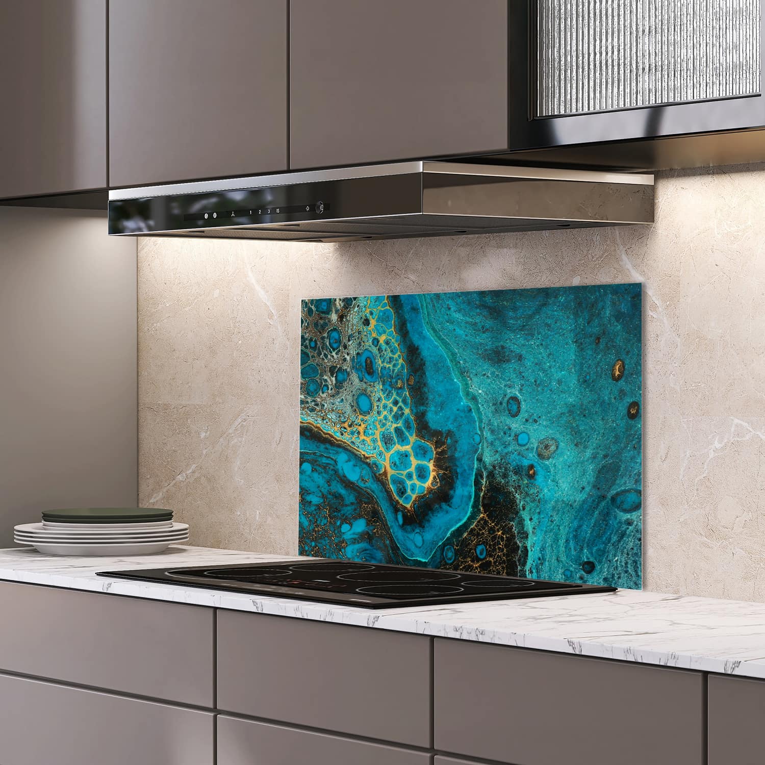Eigen afmeting spatscherm-op-maat Keuken - Hittebestendig gehard glas - Blauw Marmereffect