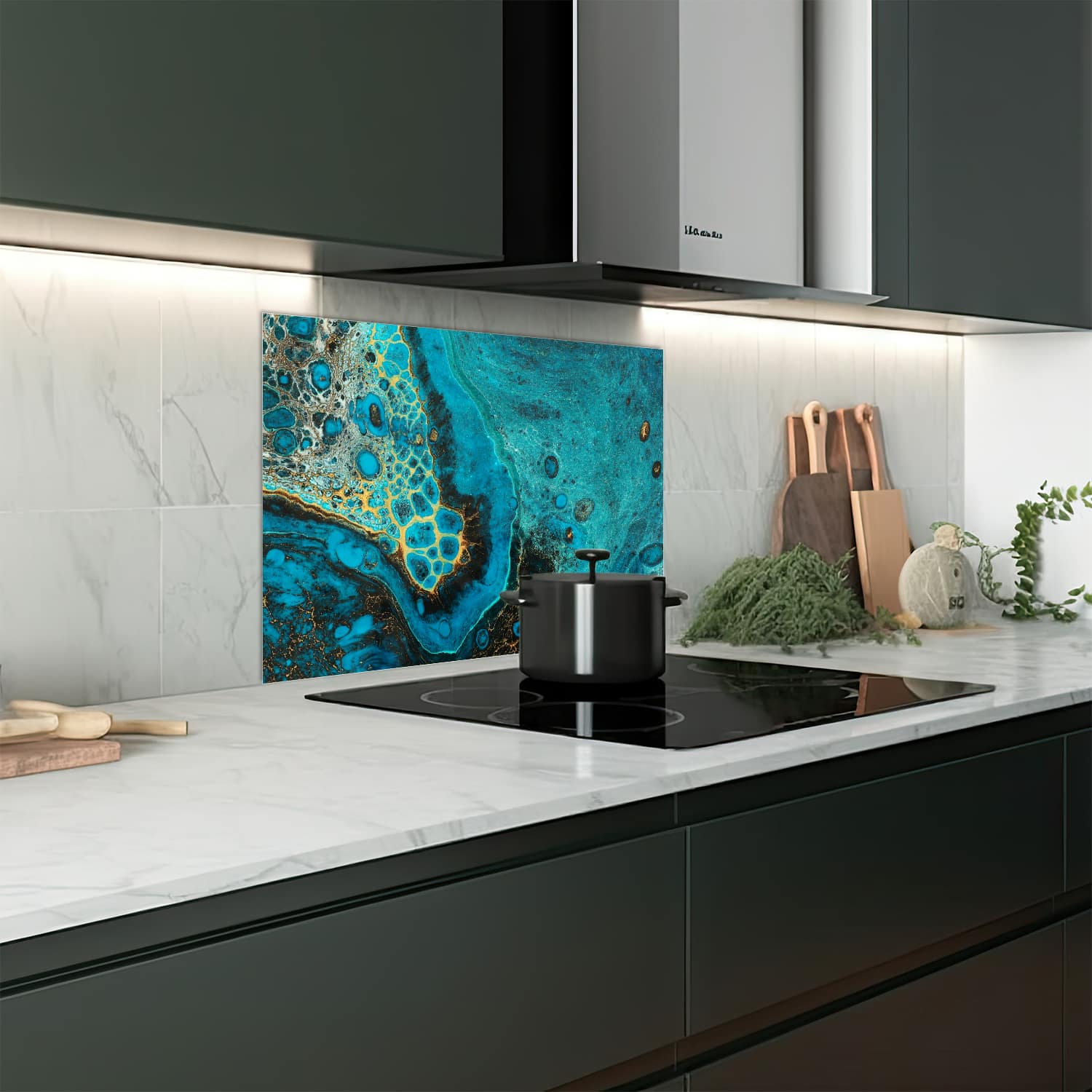 Eigen afmeting spatscherm-op-maat Keuken - Hittebestendig gehard glas - Blauw Marmereffect