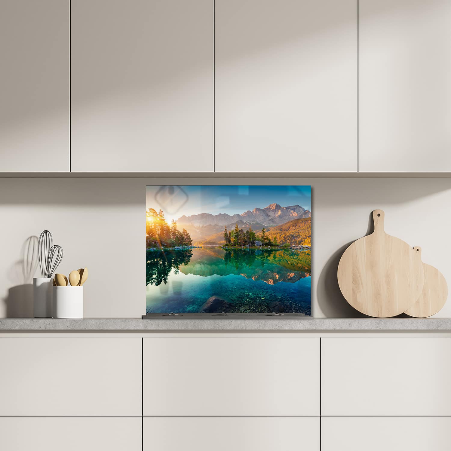 Eigen afmeting spatscherm-op-maat Keuken - Hittebestendig gehard glas - Zonsopgang bij Eibsee Meer