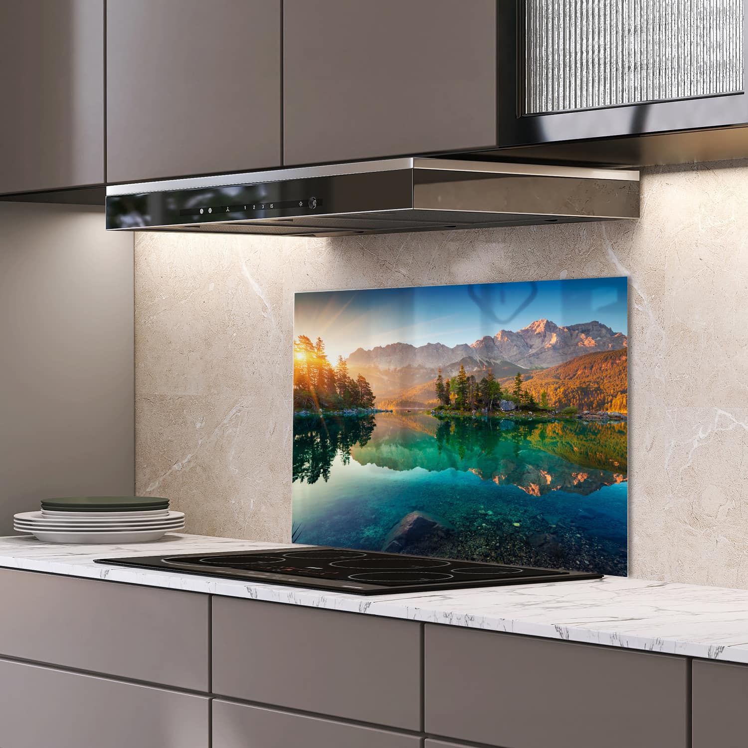 Eigen afmeting spatscherm-op-maat Keuken - Hittebestendig gehard glas - Zonsopgang bij Eibsee Meer
