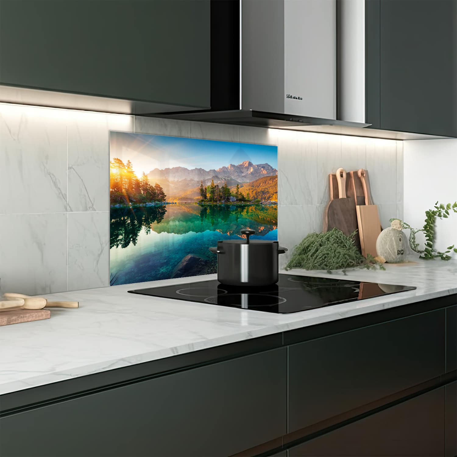 Eigen afmeting spatscherm-op-maat Keuken - Hittebestendig gehard glas - Zonsopgang bij Eibsee Meer