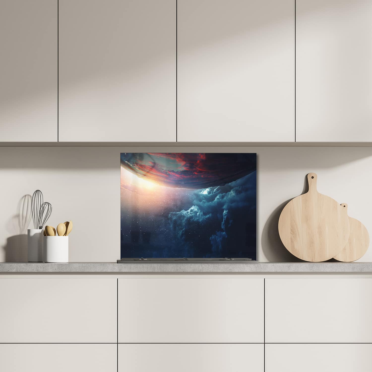 Eigen afmeting spatscherm-op-maat Keuken - Hittebestendig gehard glas - Baan van de Planeet
