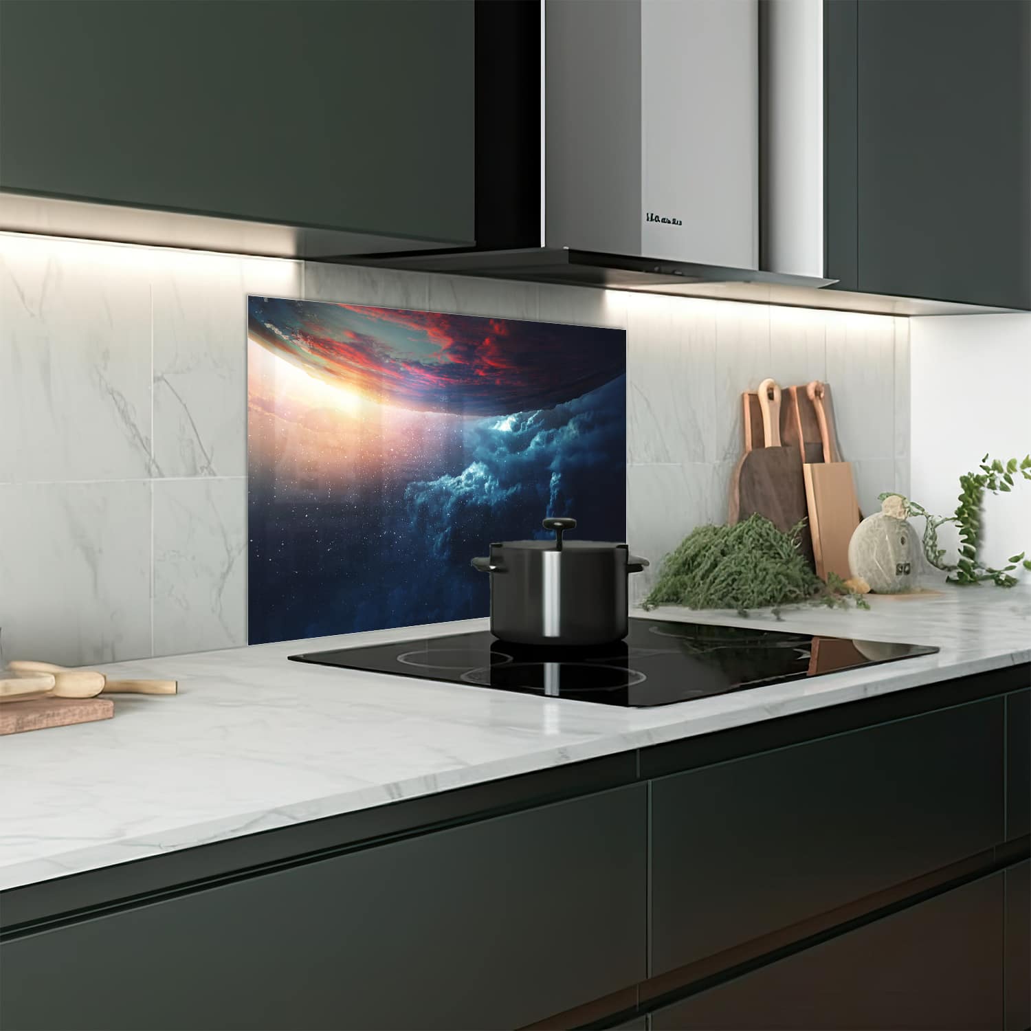 Eigen afmeting spatscherm-op-maat Keuken - Hittebestendig gehard glas - Baan van de Planeet