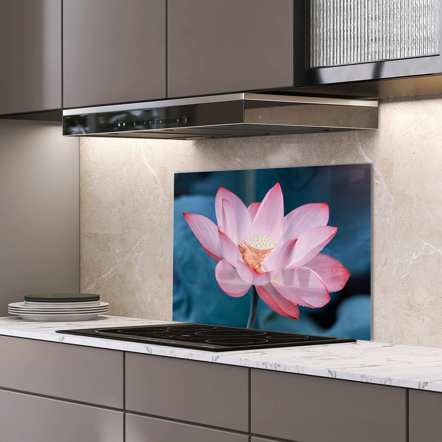 Eigen afmeting spatscherm-op-maat Keuken - Hittebestendig gehard glas - Lotus Bloem