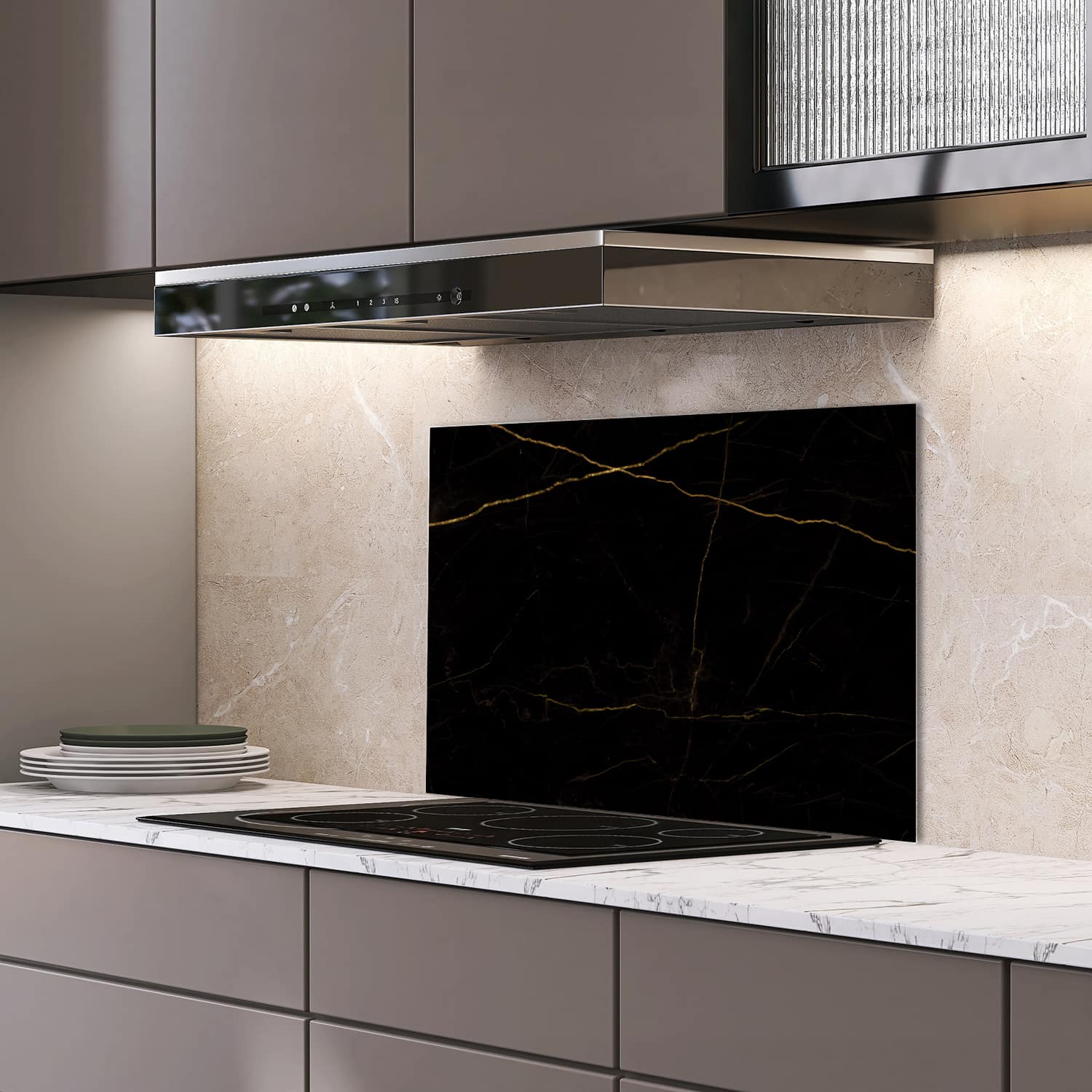 Eigen afmeting spatscherm-op-maat Keuken - Hittebestendig gehard glas - Zwart Marmer met Gouden Aders