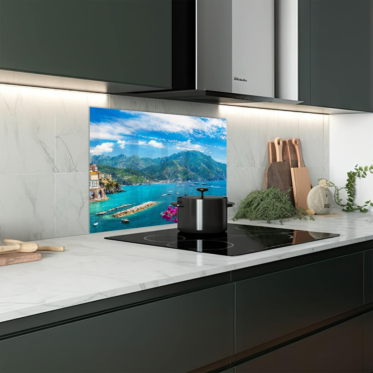 Eigen afmeting spatscherm-op-maat Keuken - Hittebestendig gehard glas - Atrani aan de Amalfikust