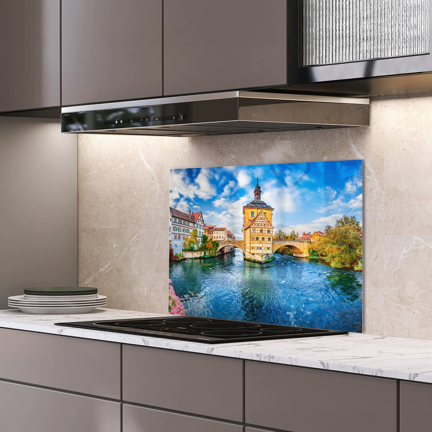 Eigen afmeting spatscherm-op-maat Keuken - Hittebestendig gehard glas - Oude Stad van Bamberg
