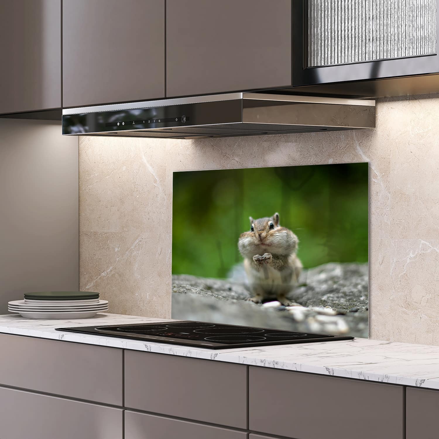 Eigen afmeting spatscherm-op-maat Keuken - Hittebestendig gehard glas - Grijze Kalksteen
