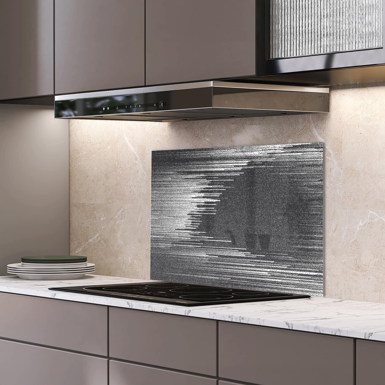 Eigen afmeting spatscherm-op-maat Keuken - Hittebestendig gehard glas - Gestippelde Stromingslijnen