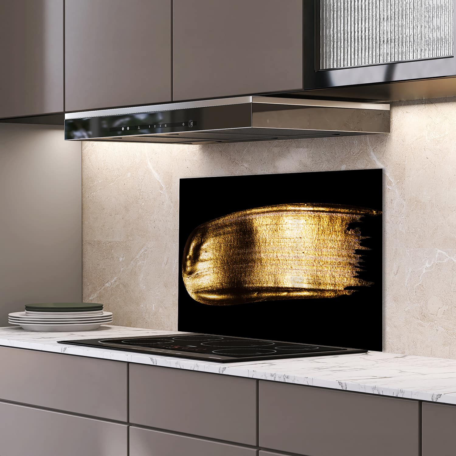 Eigen afmeting spatscherm-op-maat Keuken - Hittebestendig gehard glas - Gouden Penseelstreek