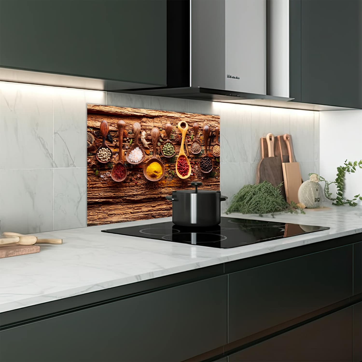 Eigen afmeting spatscherm-op-maat Keuken - Hittebestendig gehard glas - Kruiden & Specerijen op Hout