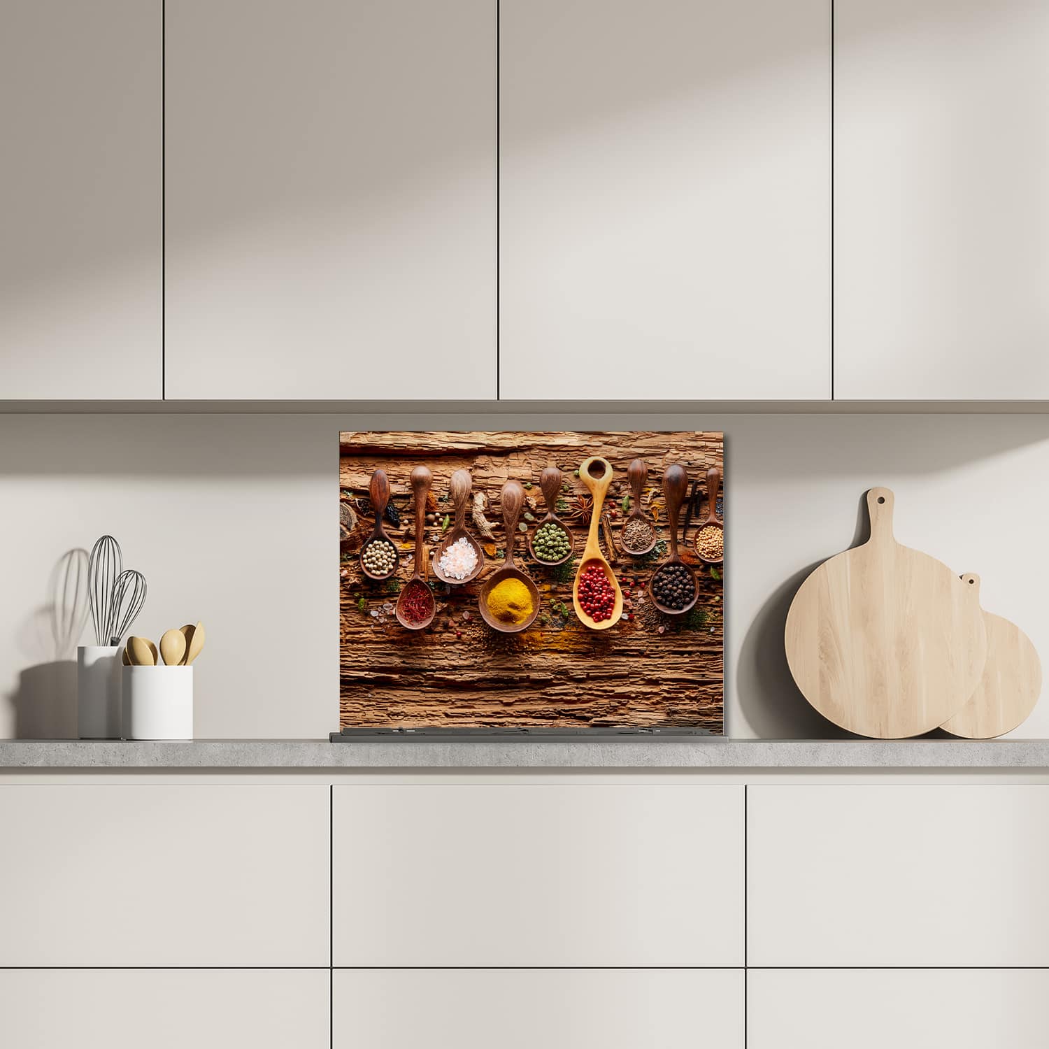 Eigen afmeting spatscherm-op-maat Keuken - Hittebestendig gehard glas - Kruiden & Specerijen op Hout
