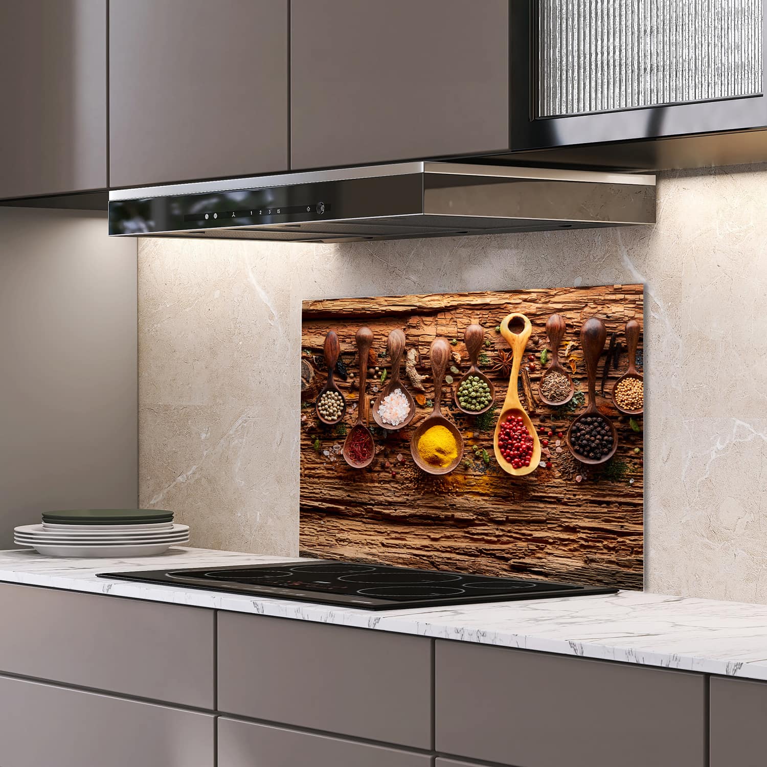 Eigen afmeting spatscherm-op-maat Keuken - Hittebestendig gehard glas - Kruiden & Specerijen op Hout