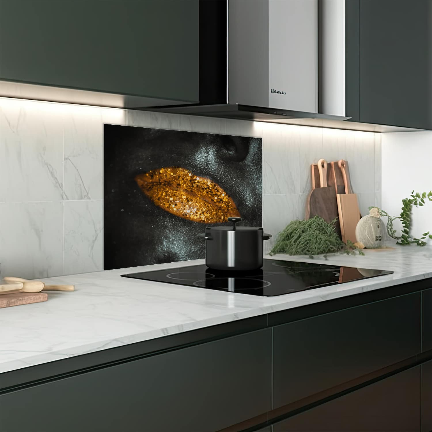 Eigen afmeting spatscherm-op-maat Keuken - Hittebestendig gehard glas - Gouden Glitterlippen