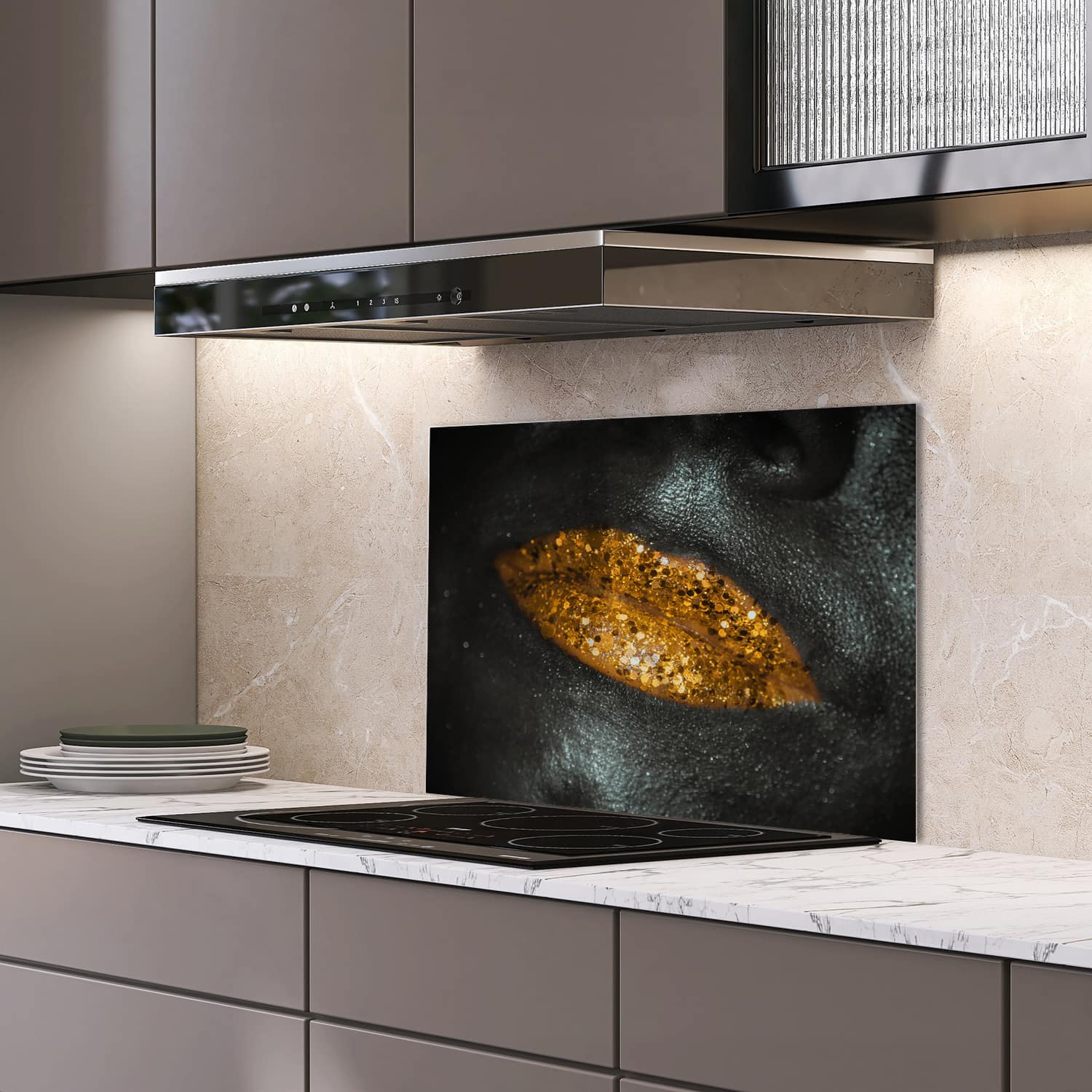 Eigen afmeting spatscherm-op-maat Keuken - Hittebestendig gehard glas - Gouden Glitterlippen