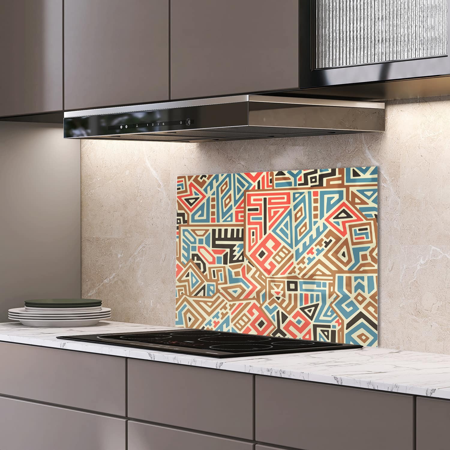 Eigen afmeting spatscherm-op-maat Keuken - Hittebestendig gehard glas - Kleurijk Etnisch Patroon