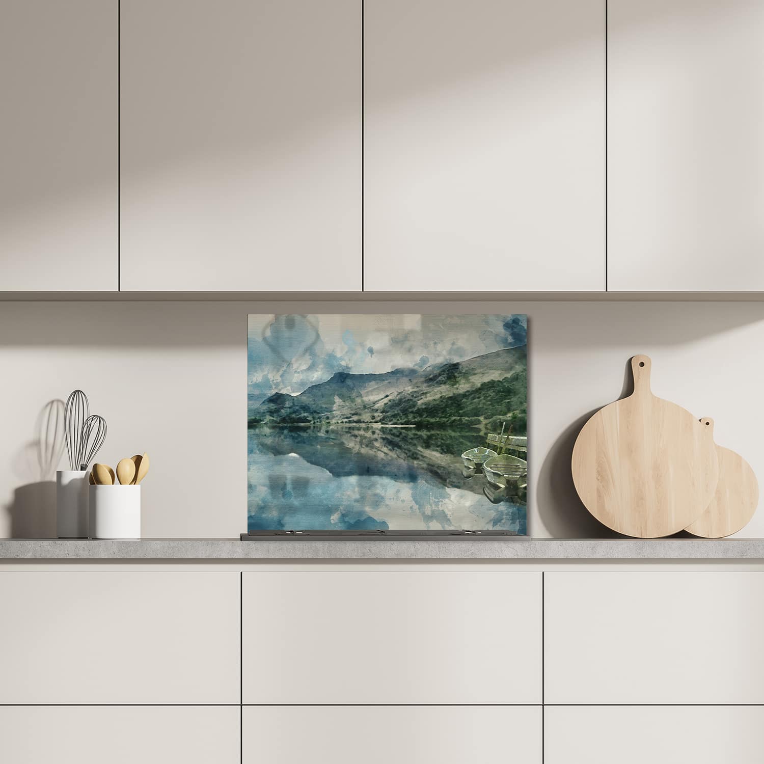 Eigen afmeting spatscherm-op-maat Keuken - Hittebestendig gehard glas - Waterverf Schilderij Bergmeer