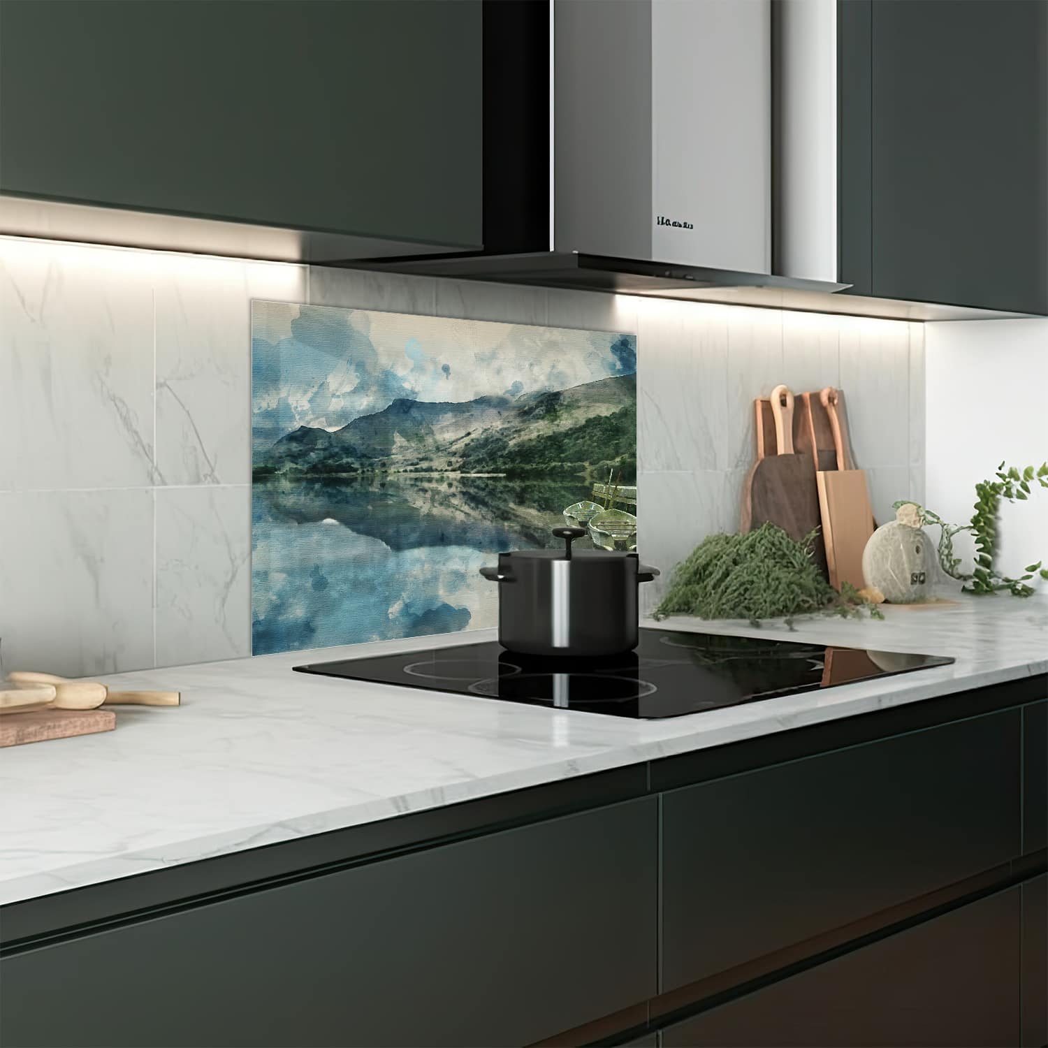 Eigen afmeting spatscherm-op-maat Keuken - Hittebestendig gehard glas - Waterverf Schilderij Bergmeer