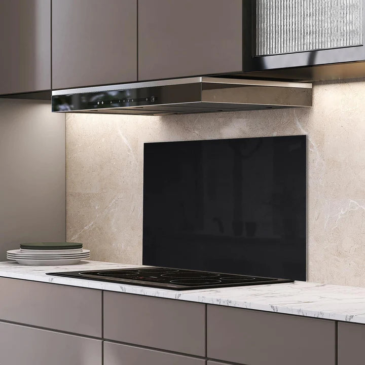 Eigen afmeting spatscherm-op-maat Keuken - Hittebestendig gehard glas - Mat Zwart