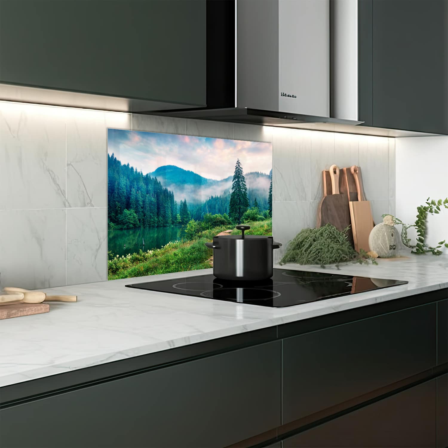 Eigen afmeting spatscherm-op-maat Keuken - Hittebestendig gehard glas - Mistig Lacu Rosu Meer