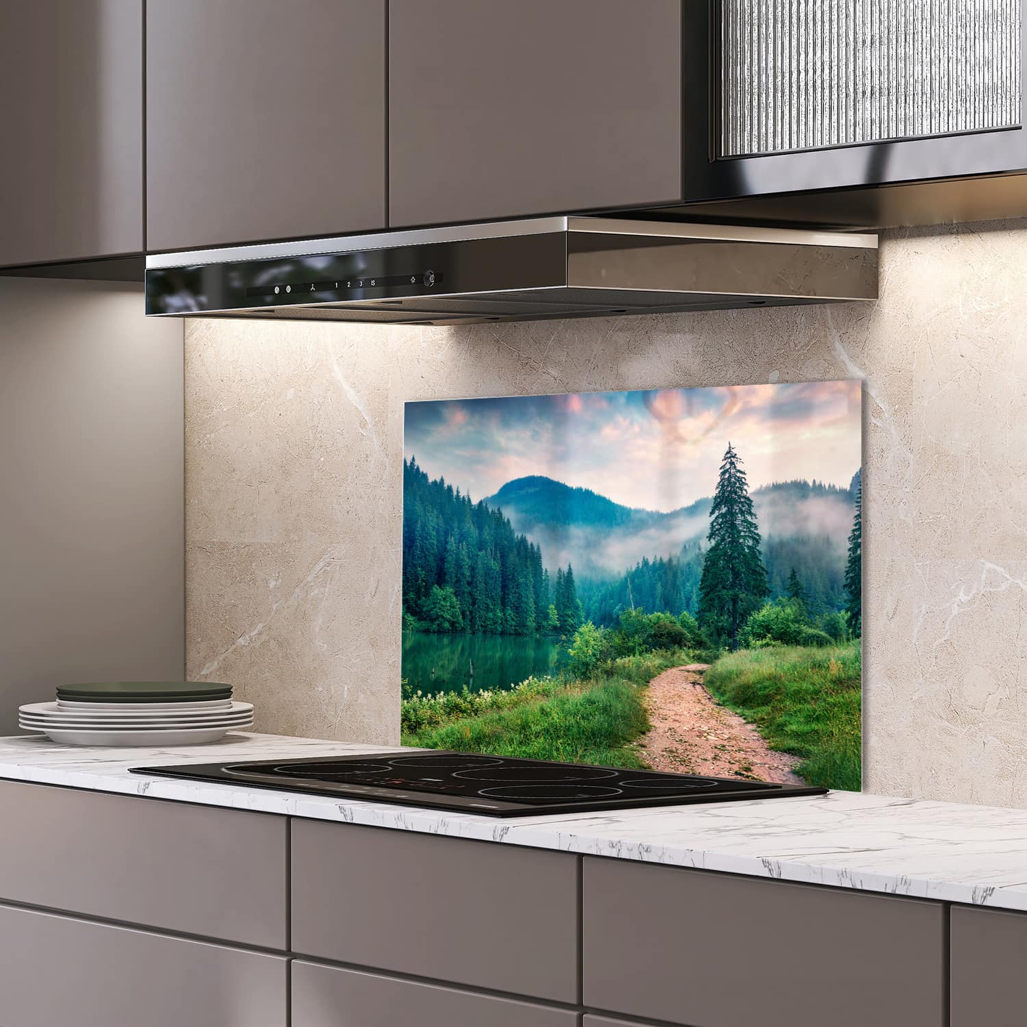 Eigen afmeting spatscherm-op-maat Keuken - Hittebestendig gehard glas - Mistig Lacu Rosu Meer