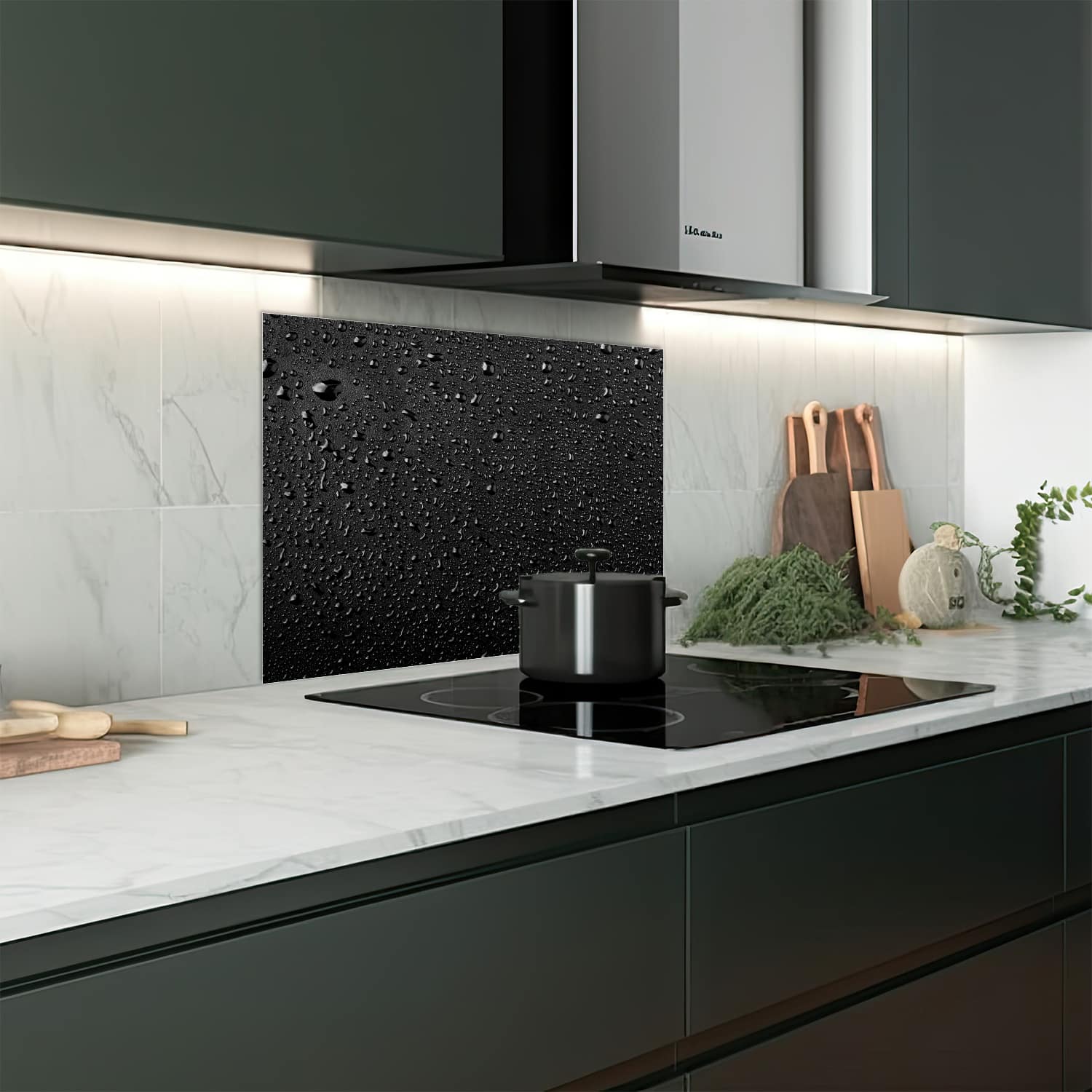 Eigen afmeting spatscherm-op-maat Keuken - Hittebestendig gehard glas - Waterdruppels