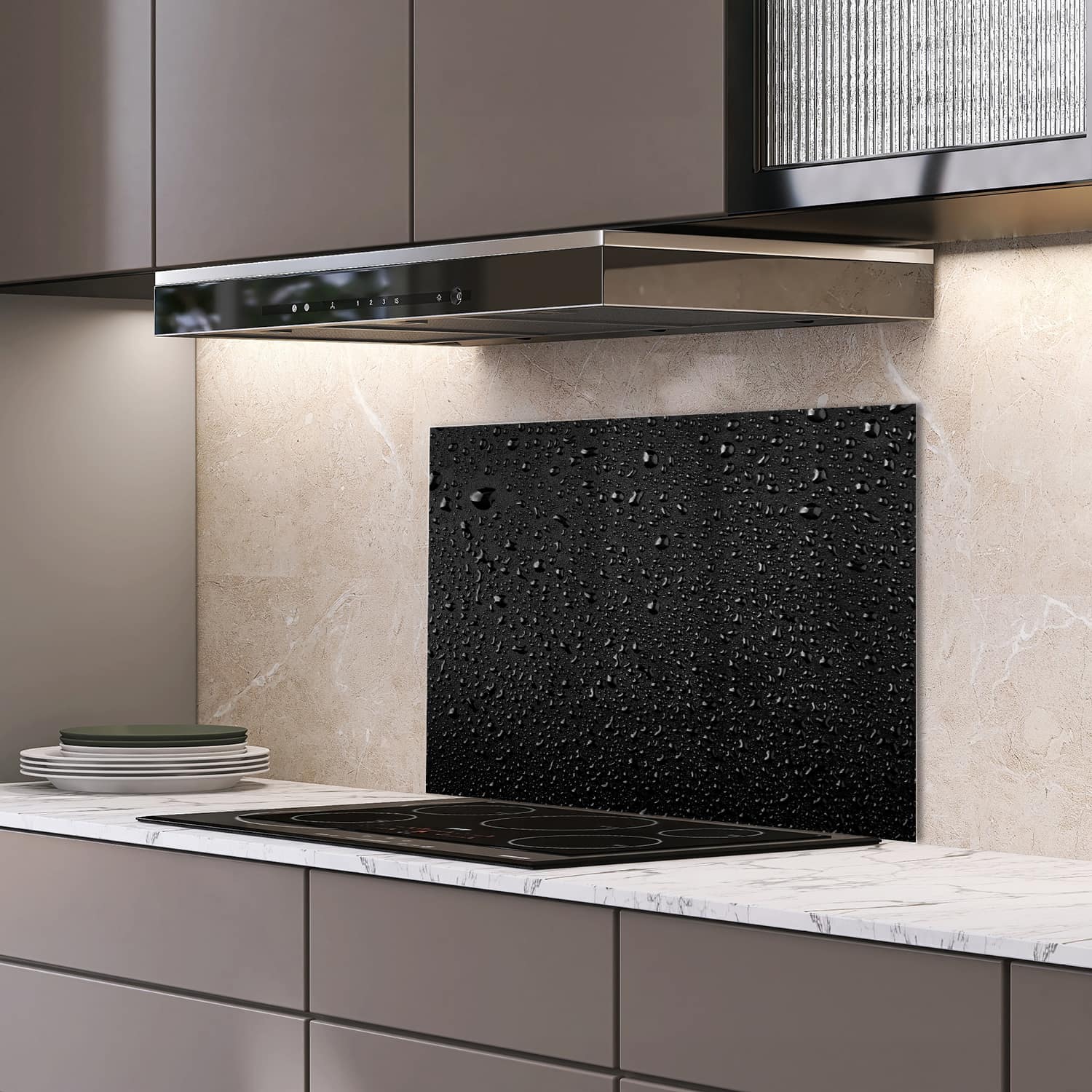 Eigen afmeting spatscherm-op-maat Keuken - Hittebestendig gehard glas - Waterdruppels
