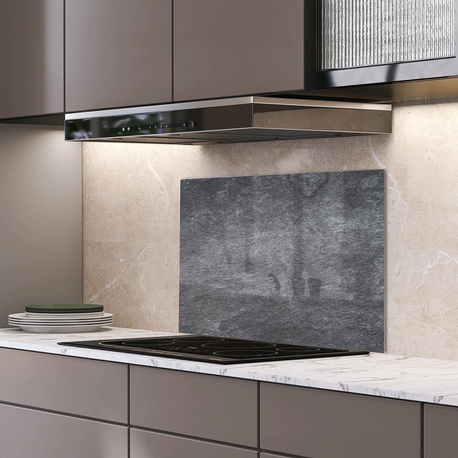 Eigen afmeting spatscherm-op-maat Keuken - Hittebestendig gehard glas - Natuurlijke Grijze Graniet
