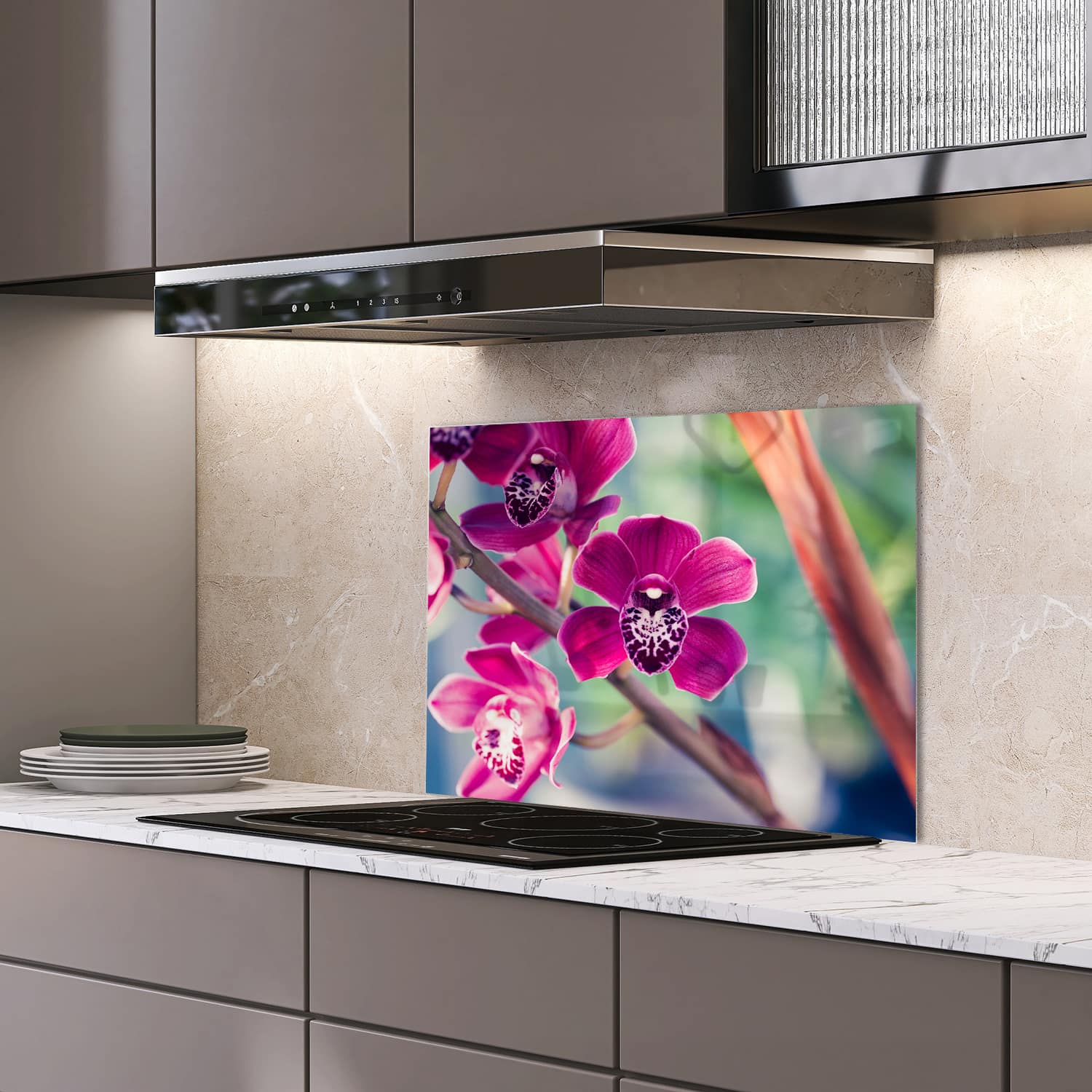 Eigen afmeting spatscherm-op-maat Keuken - Hittebestendig gehard glas - Vlinderorchidee