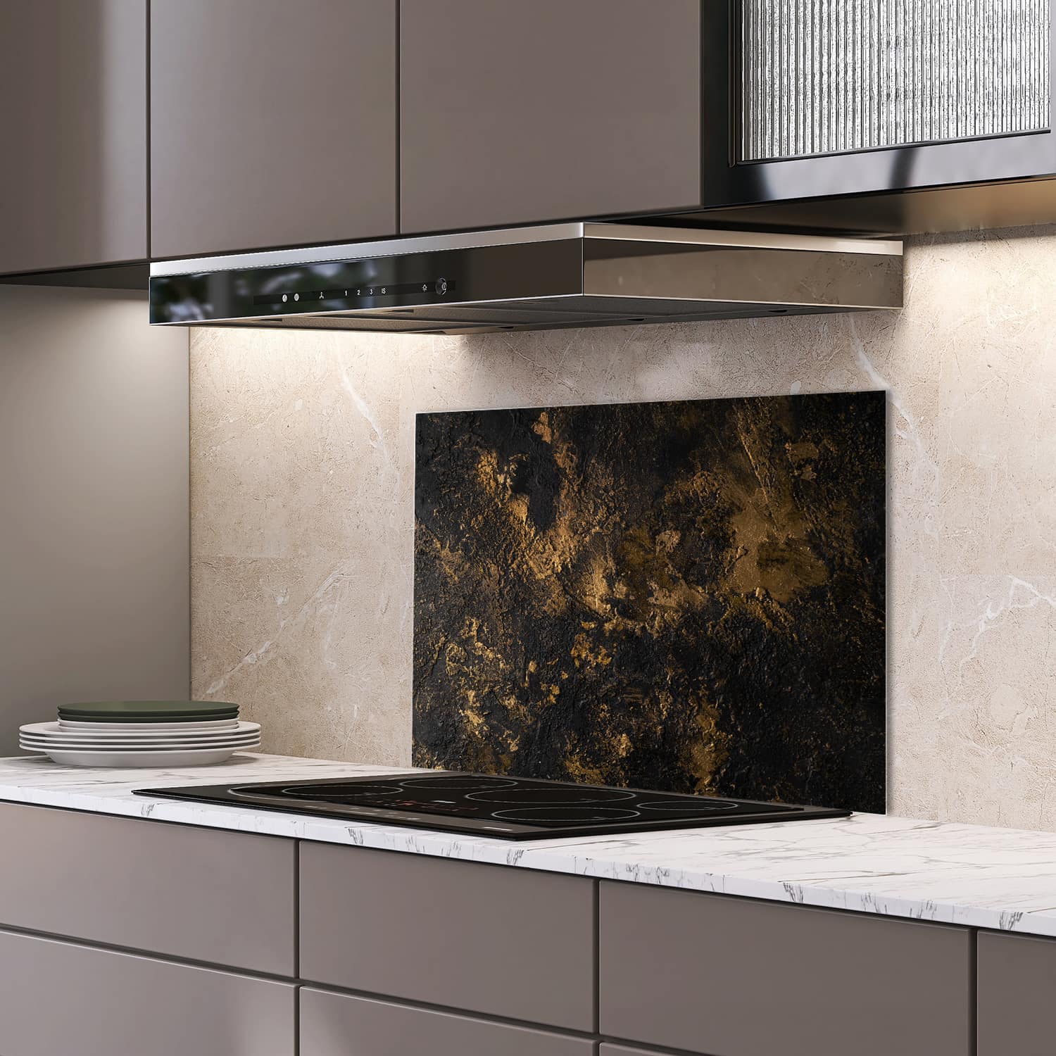 Eigen afmeting spatscherm-op-maat Keuken - Hittebestendig gehard glas - Black-Gold Textuur