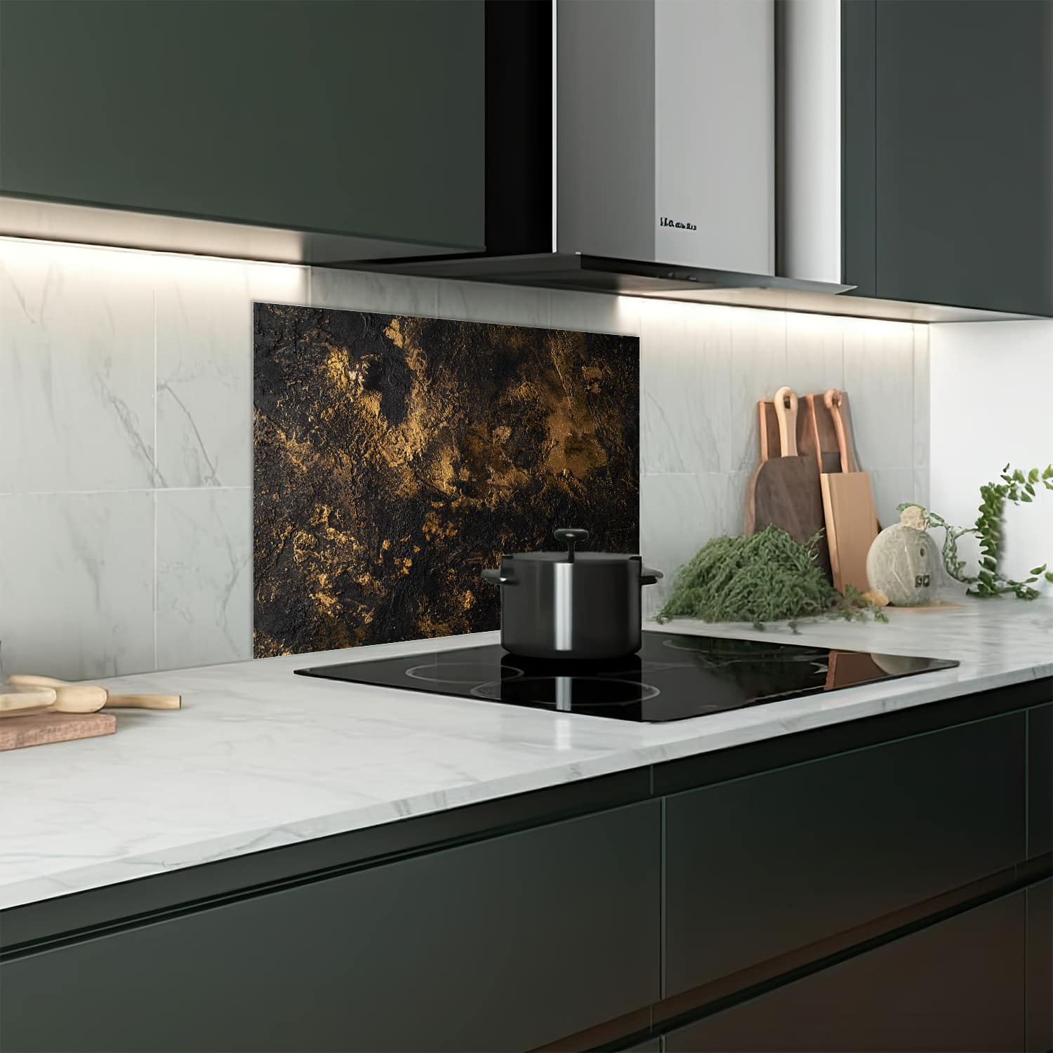 Eigen afmeting spatscherm-op-maat Keuken - Hittebestendig gehard glas - Black-Gold Textuur