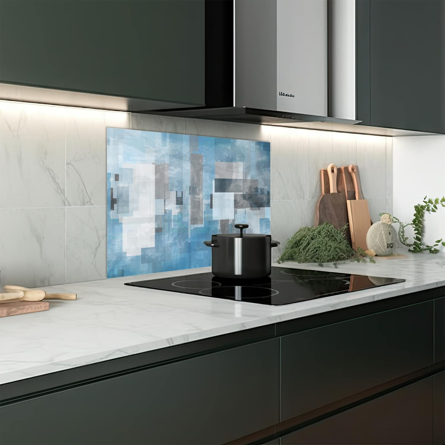 Eigen afmeting spatscherm-op-maat Keuken - Hittebestendig gehard glas - Blauwe Geomtrische Vormen