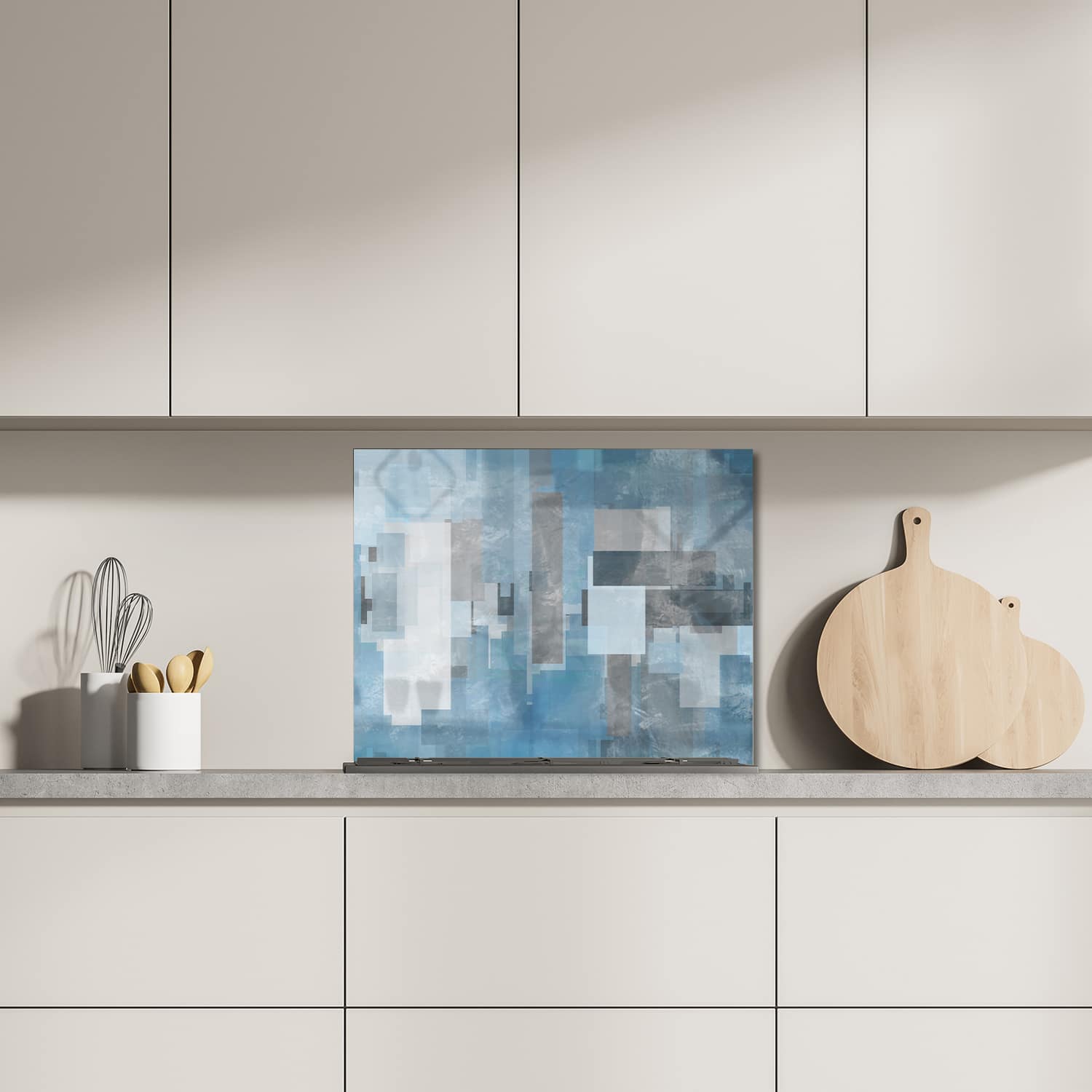 Eigen afmeting spatscherm-op-maat Keuken - Hittebestendig gehard glas - Blauwe Geomtrische Vormen