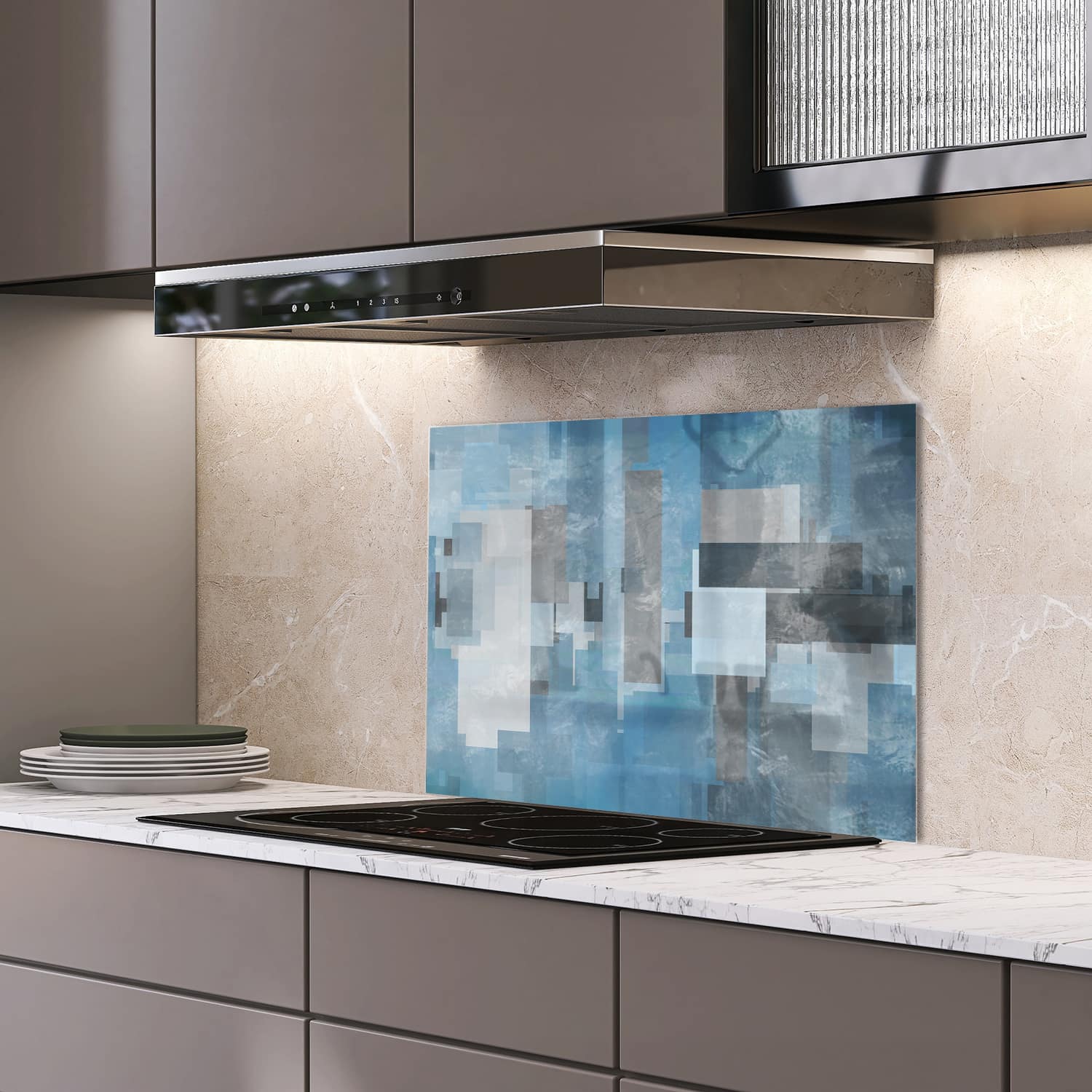 Eigen afmeting spatscherm-op-maat Keuken - Hittebestendig gehard glas - Blauwe Geomtrische Vormen