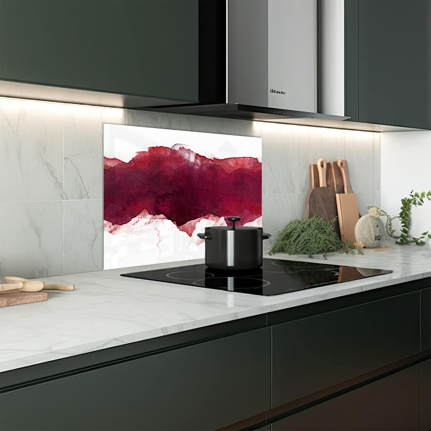Eigen afmeting spatscherm-op-maat Keuken - Hittebestendig gehard glas - Rode Waterverf Streep