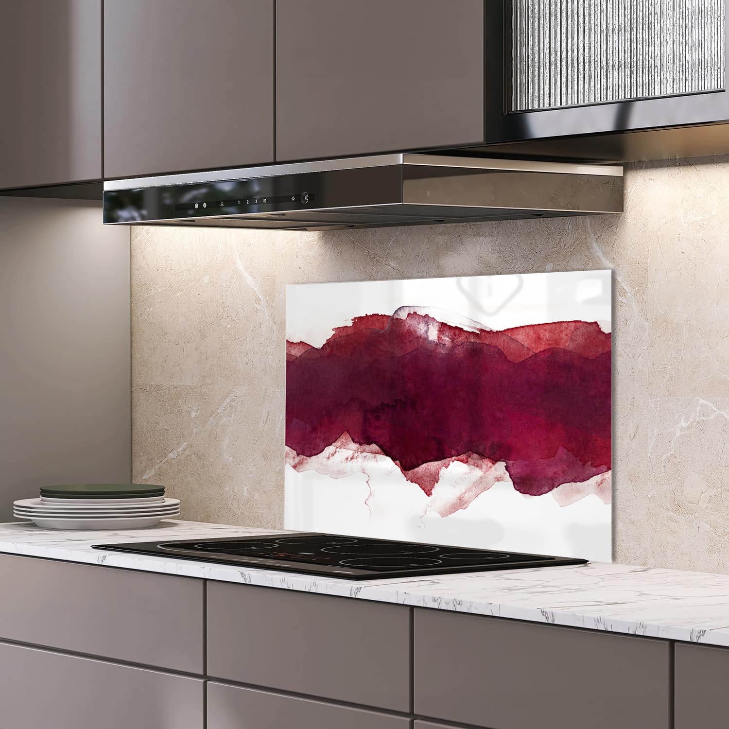 Eigen afmeting spatscherm-op-maat Keuken - Hittebestendig gehard glas - Rode Waterverf Streep