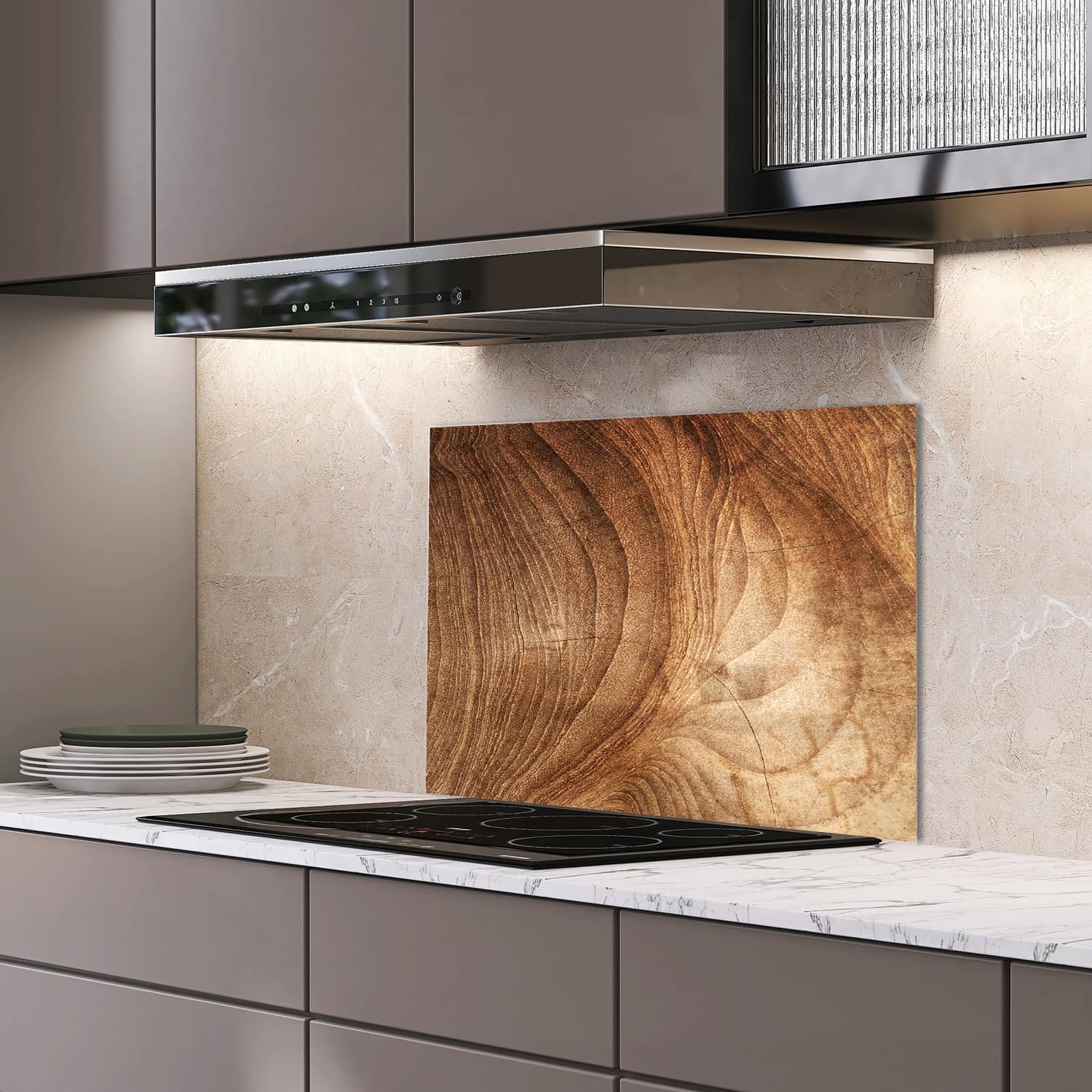 Eigen afmeting spatscherm-op-maat Keuken - Hittebestendig gehard glas - Hout Textuur
