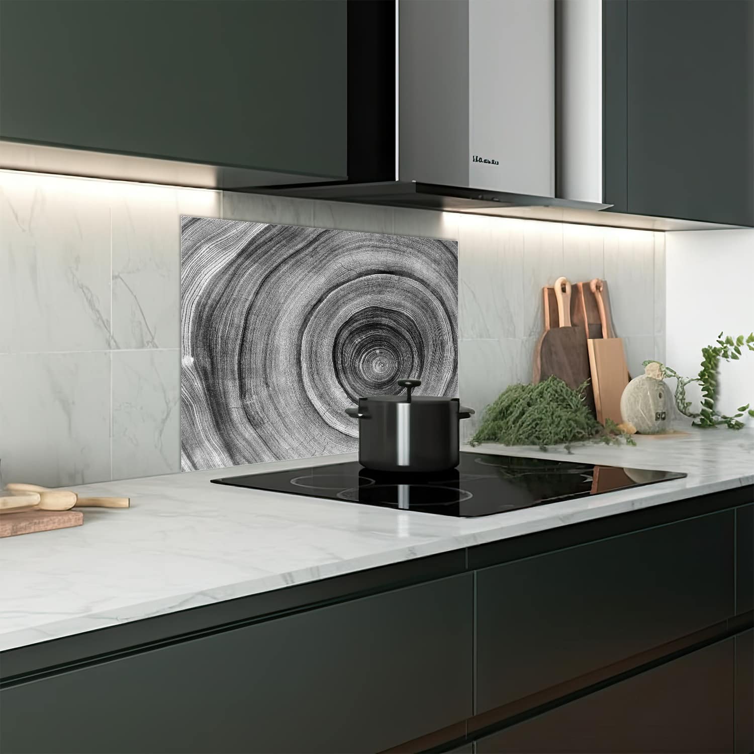 Eigen afmeting spatscherm-op-maat Keuken - Hittebestendig gehard glas - Zwart-Wit Boomringen